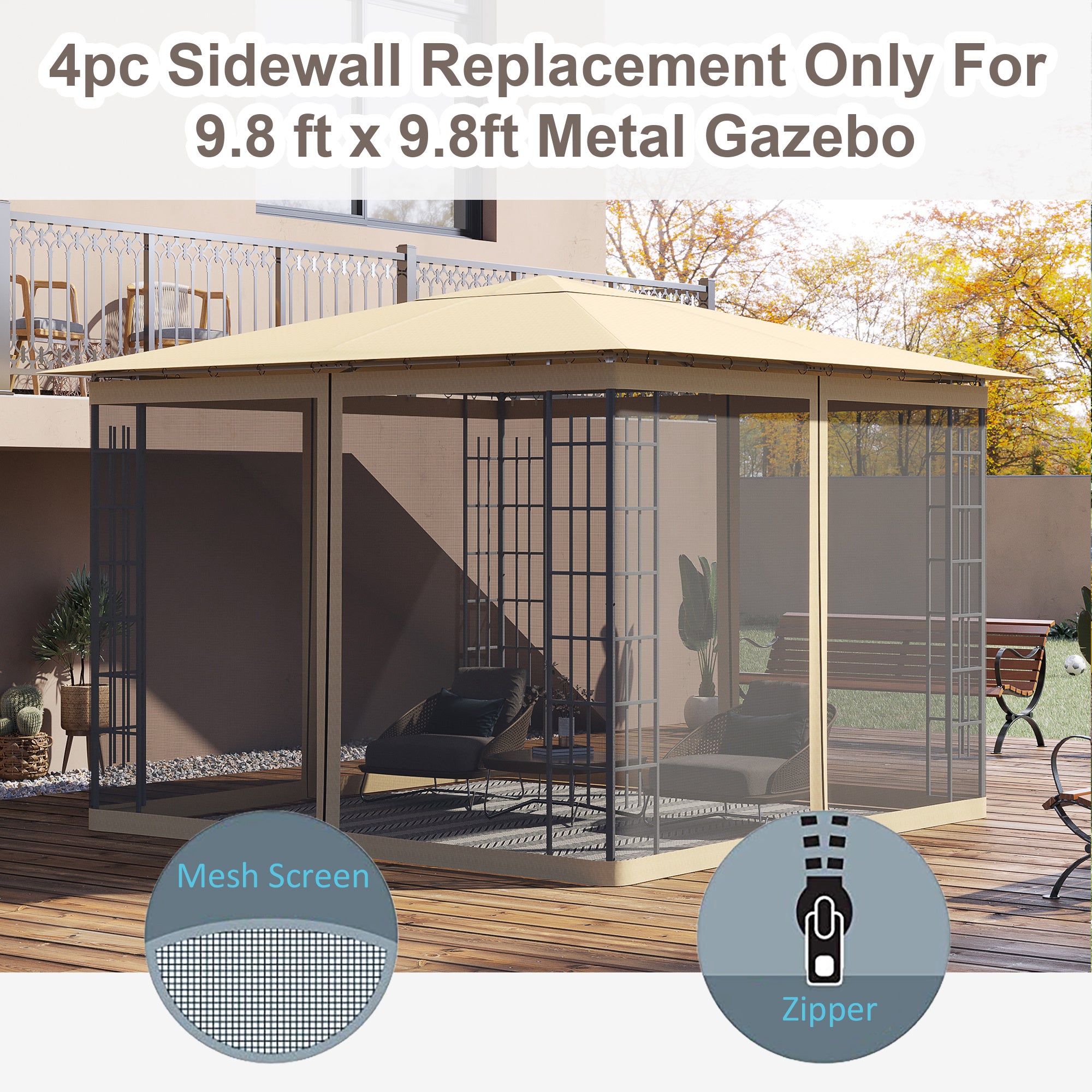 Replacement Mesh Sidewall Netting for 10' x 10' Gazebos and Canopy Tents with Zippers, (Sidewall Only) Beige