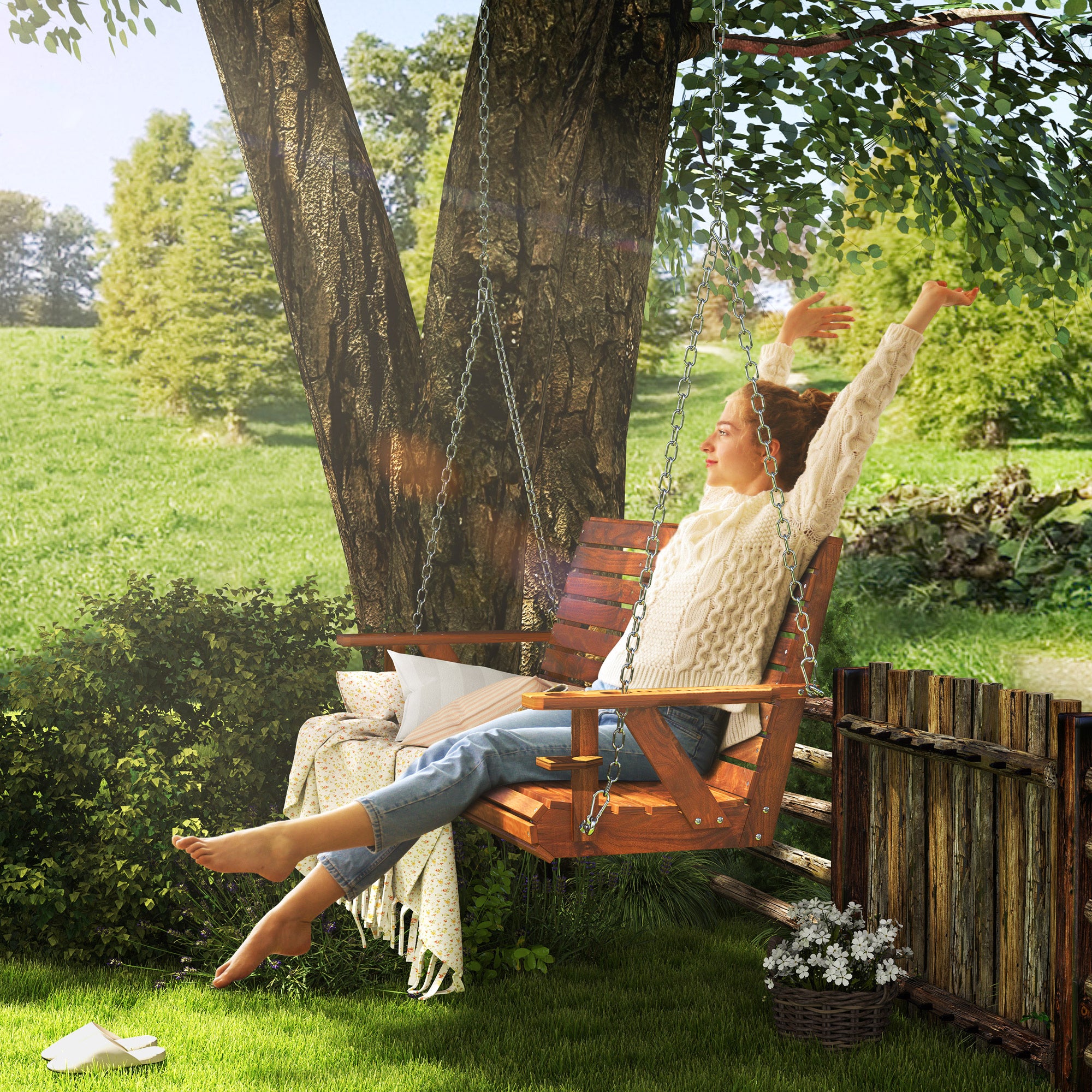 3-Seater Swing Bench, Wooden Porch Swing with Cupholders, Hanging Chains for Patio Garden, Carbonized