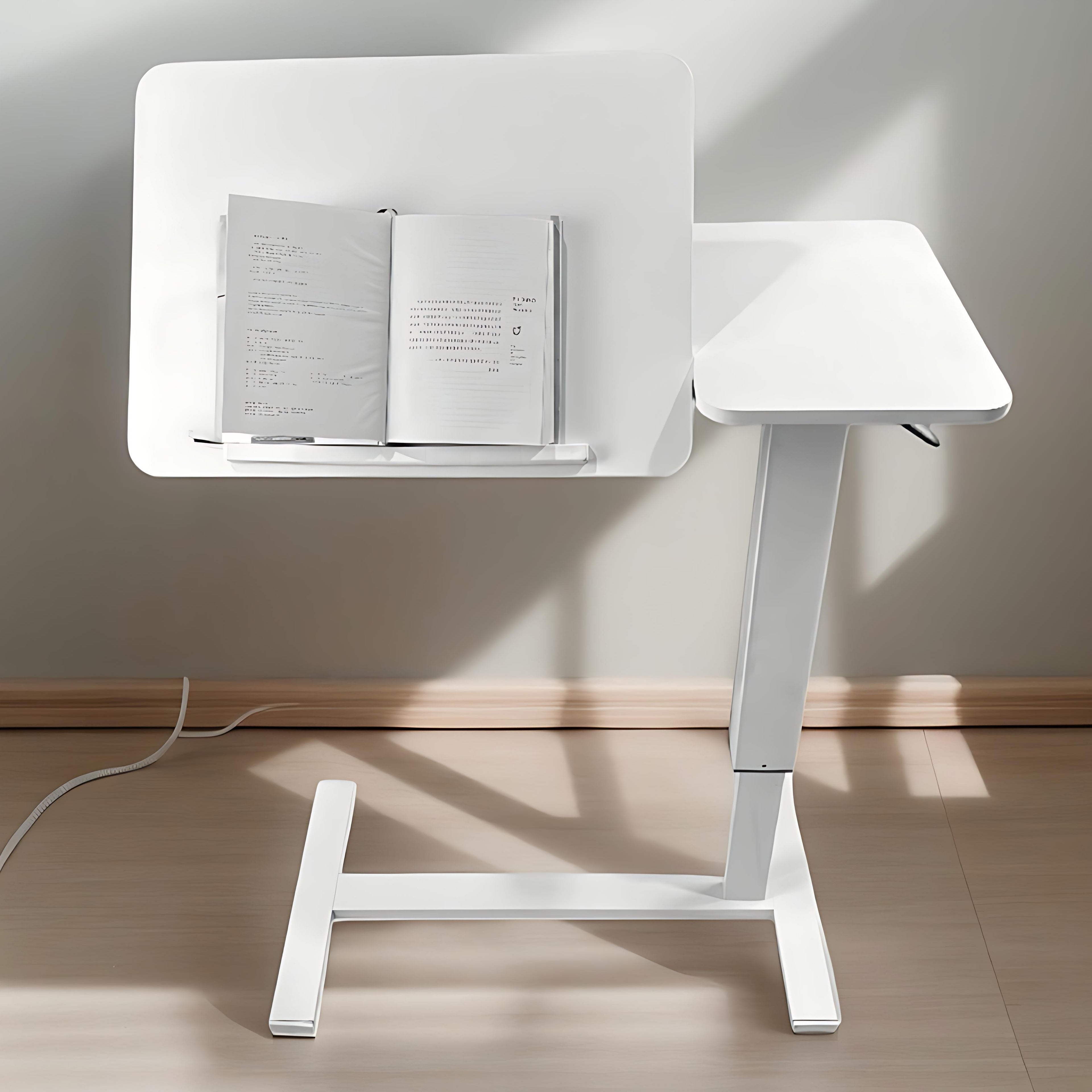 Overbed Bedside Desk with Tilting Tray, Mobile Rolling Laptop Stand, Height Adjustable Table with Wheels, 31.5″ L x 16″ W x 38″ H, White