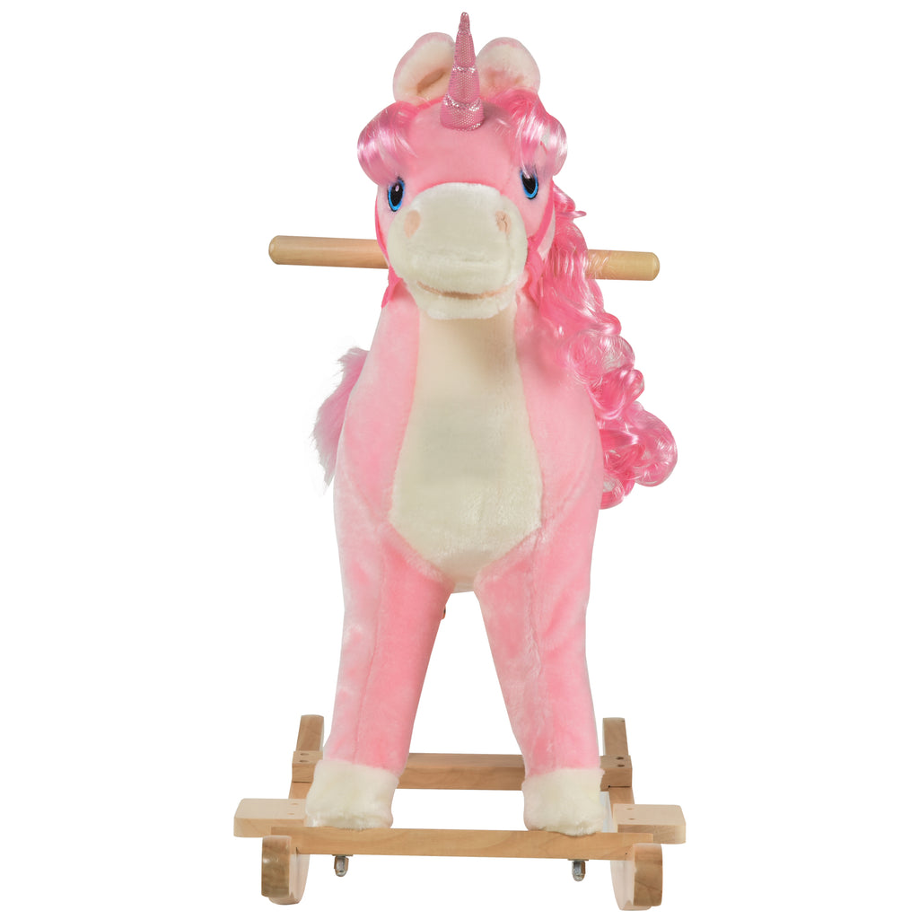 Kids Rocking Horse, Ride on Unicorn with Wooden Base, Tail Wag & Sounds for Toddlers 3-6 Years Old, Pink