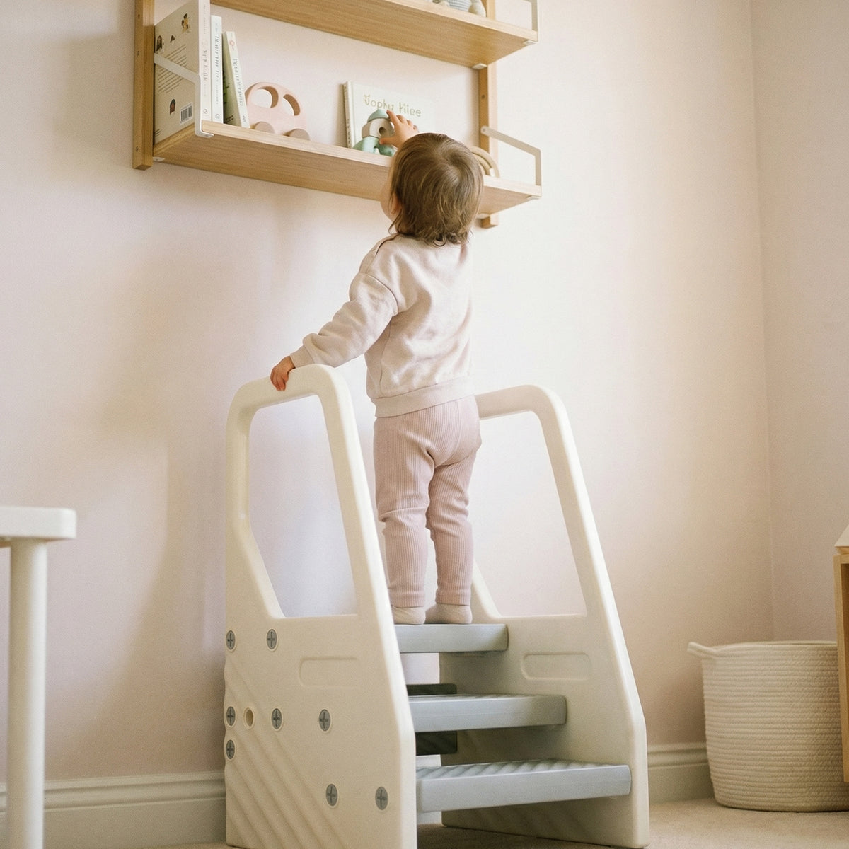 Adjustable 3 Step Toddler Tower with Handles, Non-slip Surface & Foot Pads, Gray