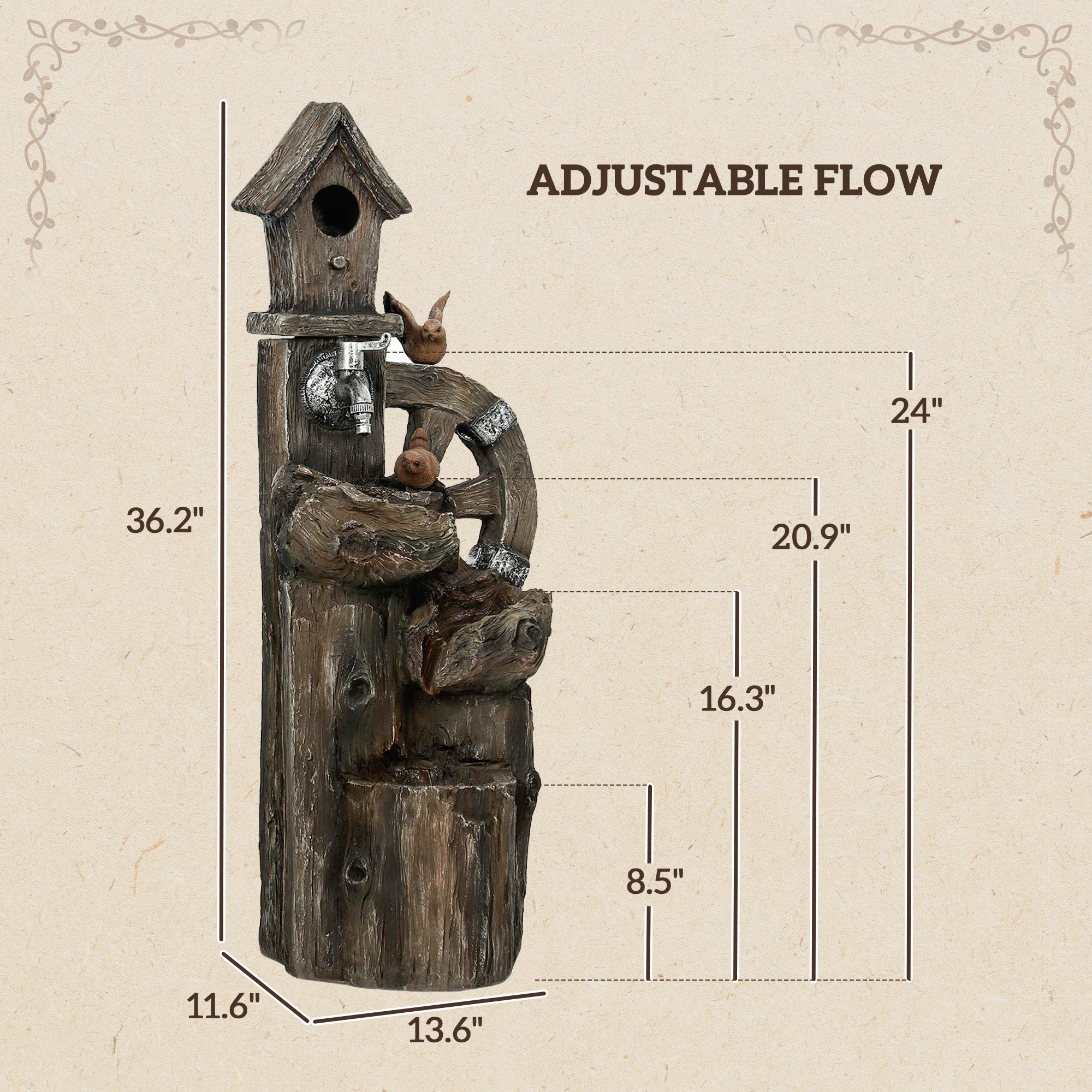 Outdoor Water Fountain, Decorative Garden Birdhouse, 3-Tier Cascading Waterfall with LED Lights and Water Wheel, Soothing Tranquility for Home Garden, Yard Decor