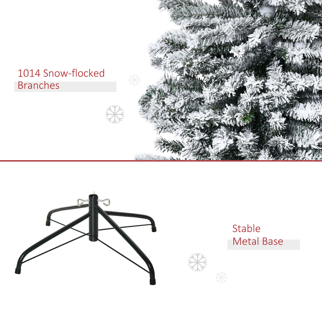 9ft Flocked Christmas Tree, Pencil Artificial Xmas Tree with Faux Snow, Dense Branches, Foldable Metal Base for Indoor Holiday Decor