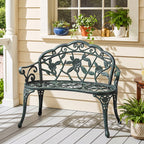 Outdoor Bench, Cast Aluminum Outdoor Furniture, Metal Bench with Floral Rose Accent & Antique Finish, Green