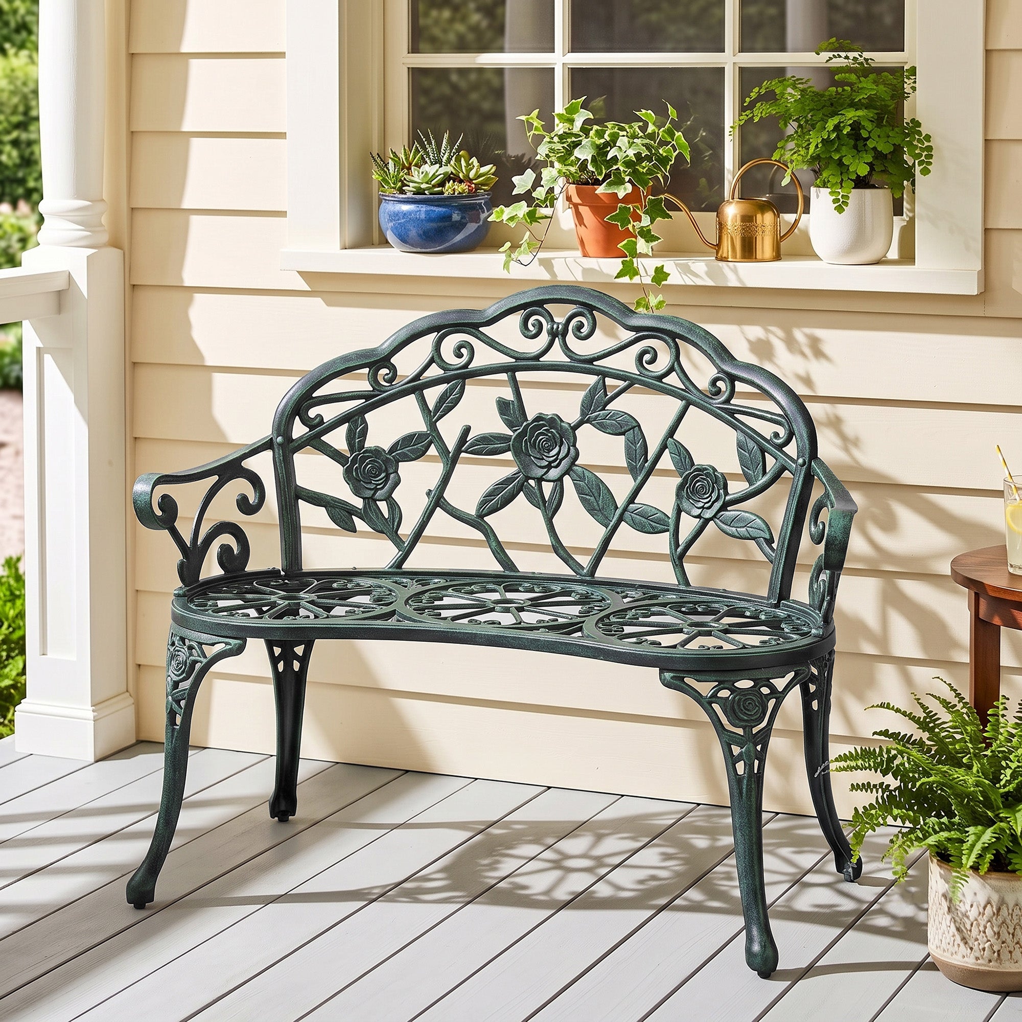 Outdoor Bench, Cast Aluminum Outdoor Furniture, Metal Bench with Floral Rose Accent & Antique Finish, Green