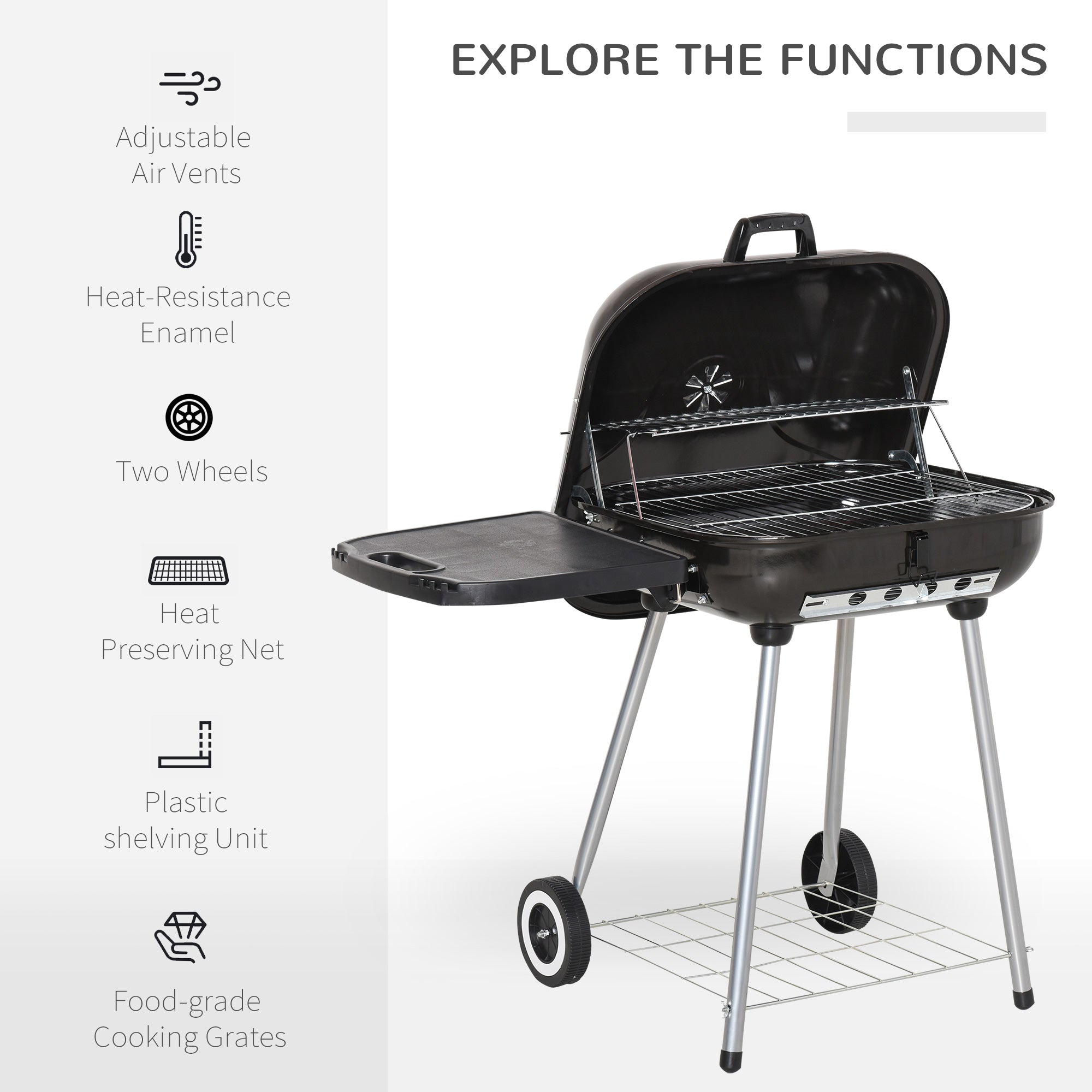22" Charcoal Barbecue Grill with Portable Wheel, Side Tray and Lower Shelf for Outdoor BBQ for Garden, Backyard, Poolside