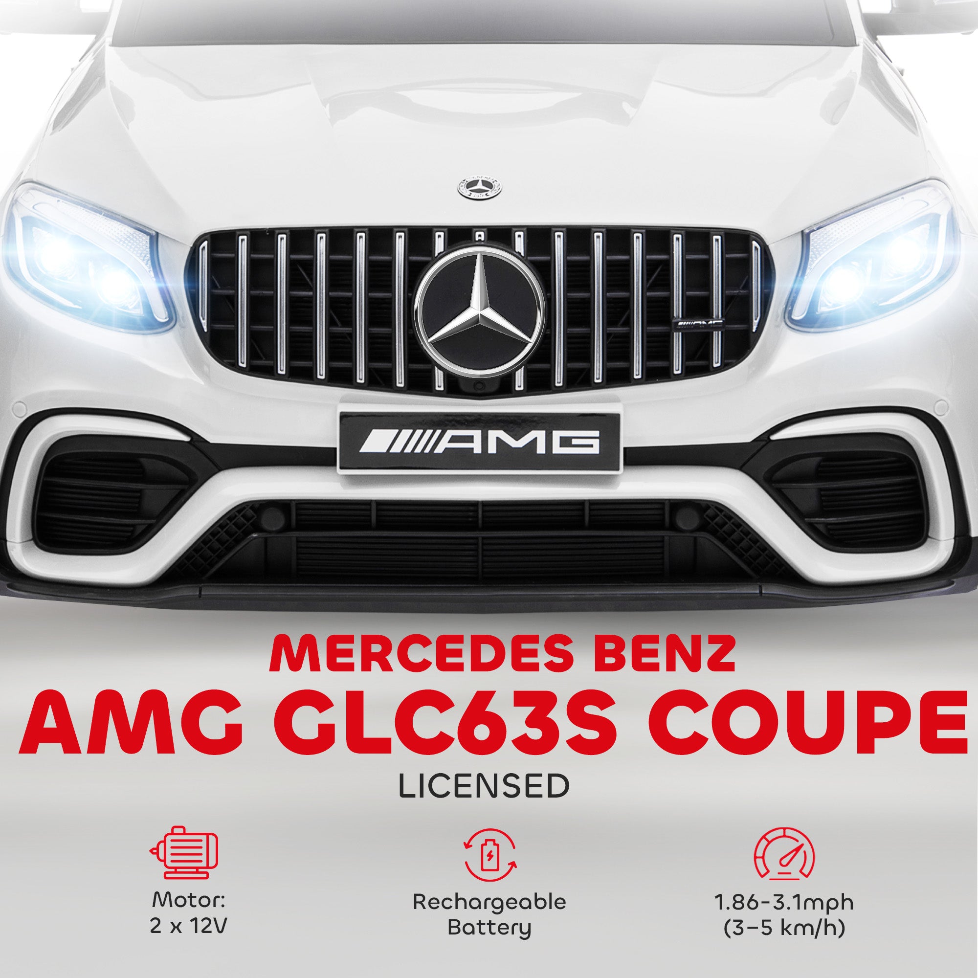 12V Toddler Ride On Car with Remote Control, AMG GLC63S Coupe, Electric Car with 2 Speed, MP3 Player, Light, Horn, Songs, Suspension, White