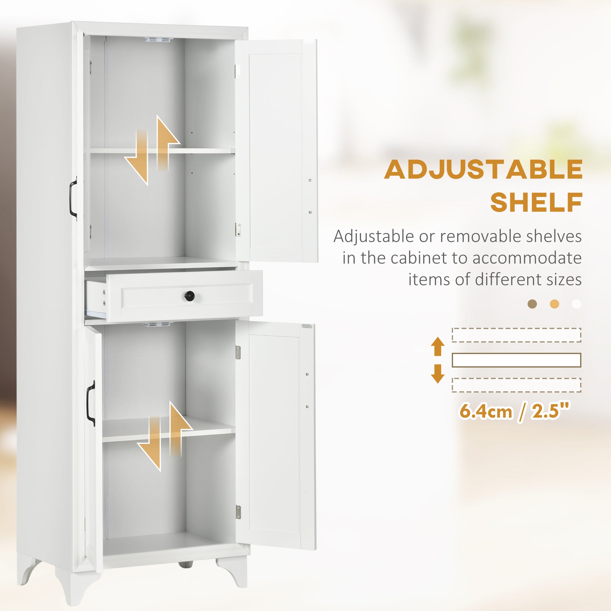 67" 4-Door Kitchen Pantry with Drawer and Adjustable Shelves, White