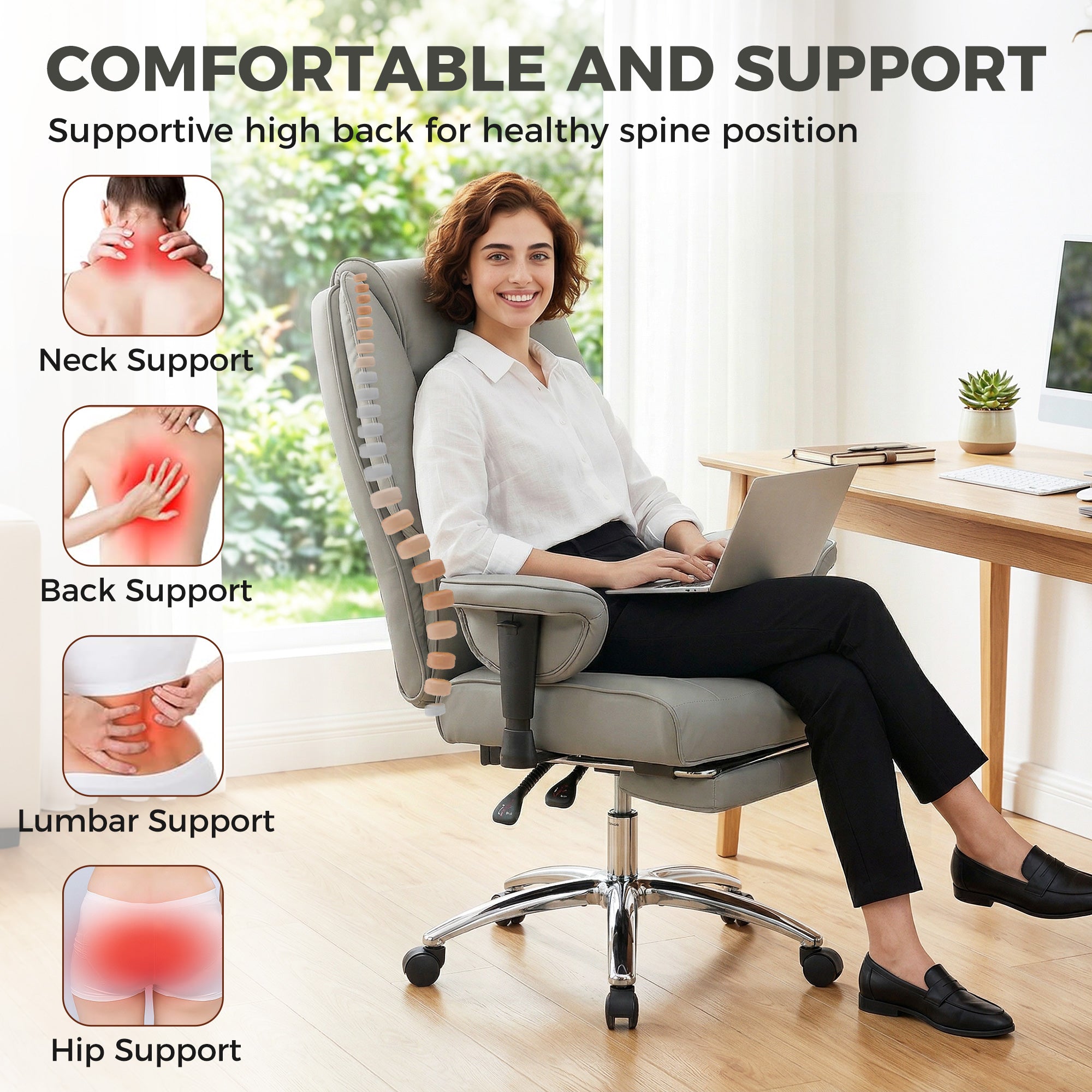 Ergonomic Office Chair, High Back Reclining Desk Chair with Adjustable Armrests, Pet Friendly Faux Leather, Light Gray