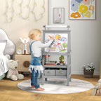Double Sided Easel for Kids, Standing Toddler Easel with Paper Roll, Magnetic Whiteboard, Chalkboard & Storage, Gray