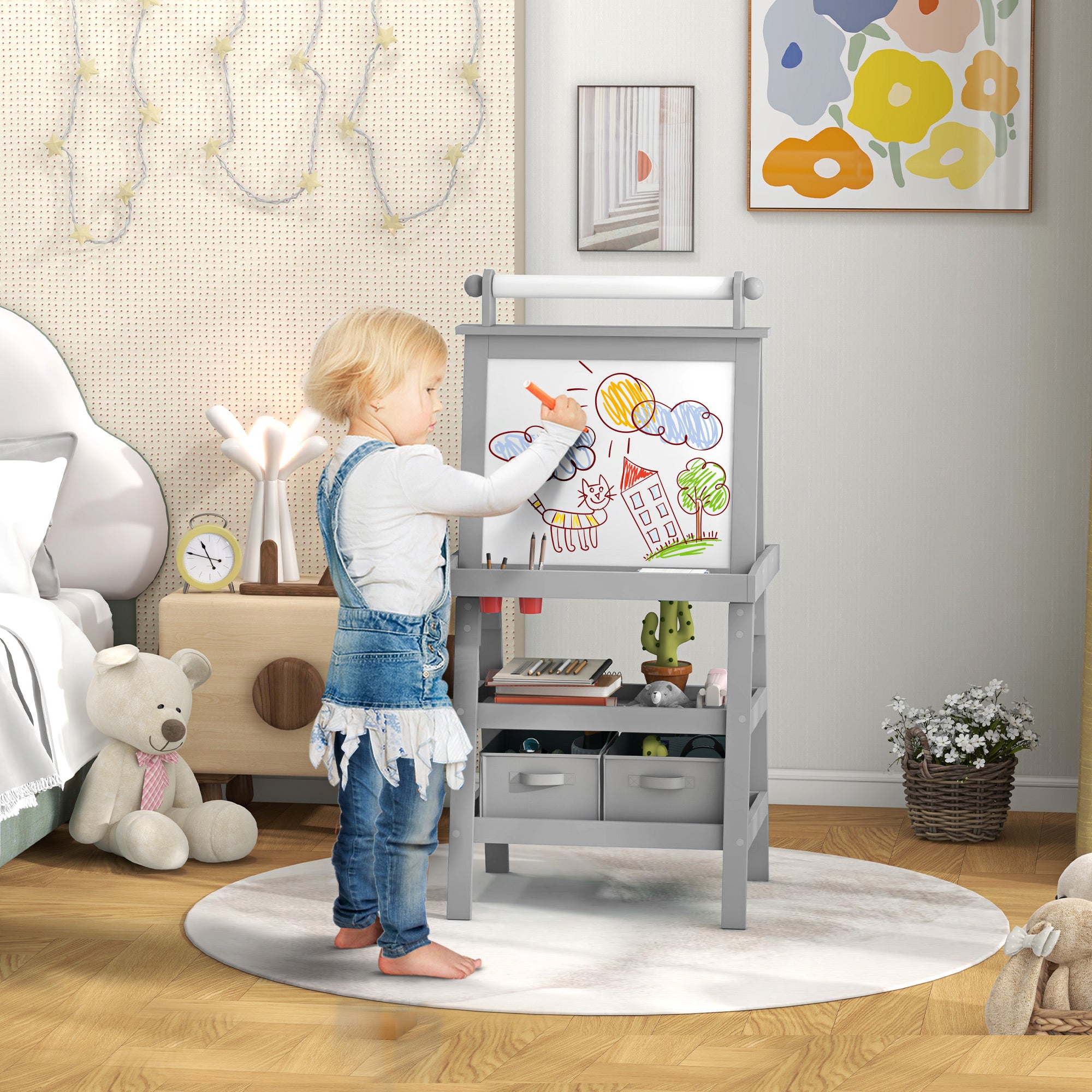 Double Sided Easel for Kids, Standing Toddler Easel with Paper Roll, Magnetic Whiteboard, Chalkboard & Storage, Gray