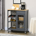 Rolling Kitchen Island with Storage, Kitchen Cart with 4-bottle Wine Rack, Bar Cart with Stemware Holder, Shelves, Drawer and Cabinet, Gray