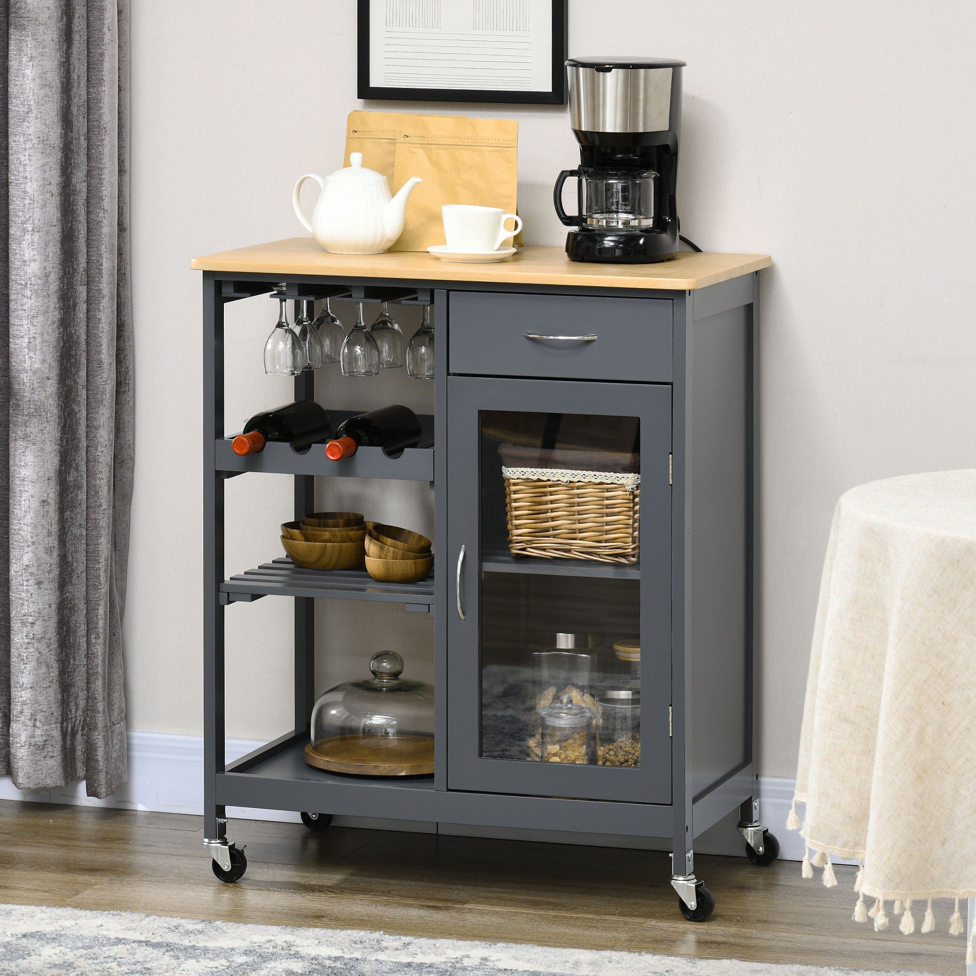 Rolling Kitchen Island with Storage, Kitchen Cart with 4-bottle Wine Rack, Bar Cart with Stemware Holder, Shelves, Drawer and Cabinet, Gray