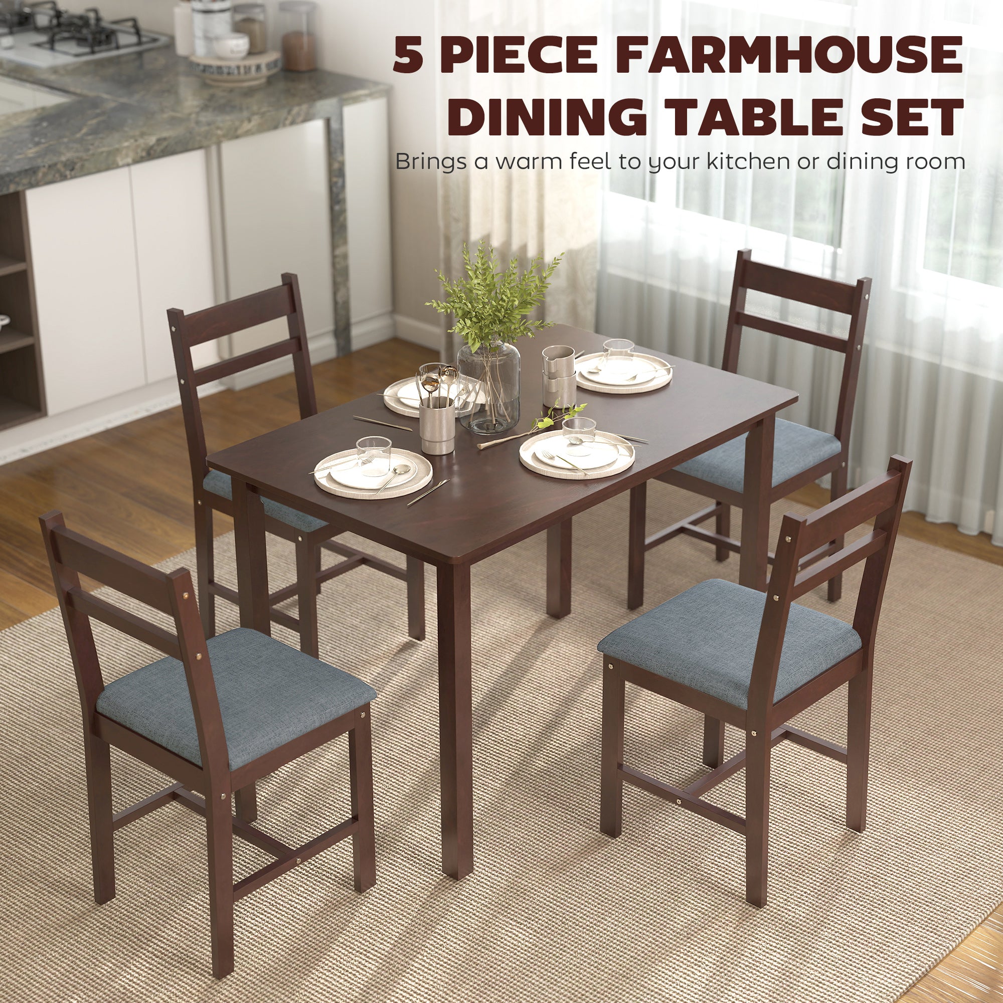 5-Piece Solid Wood Dining Table Set for 4, Farmhouse Kitchen Table with Upholstered Chairs for Dining Room, Walnut