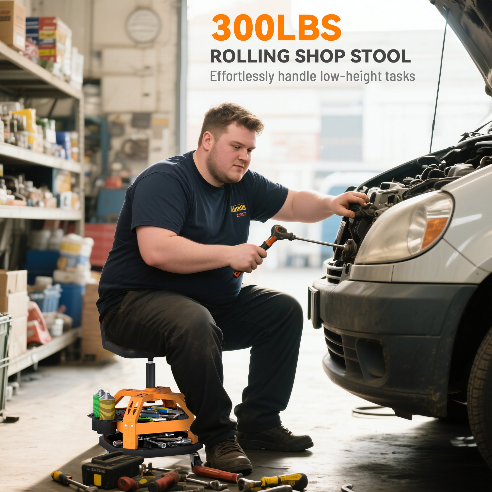 Rolling Creeper Garage Stool, 300 LBS Capacity Mechanic Stool with 360° Wheels, Tool Tray, Adjustable Height, Yellow