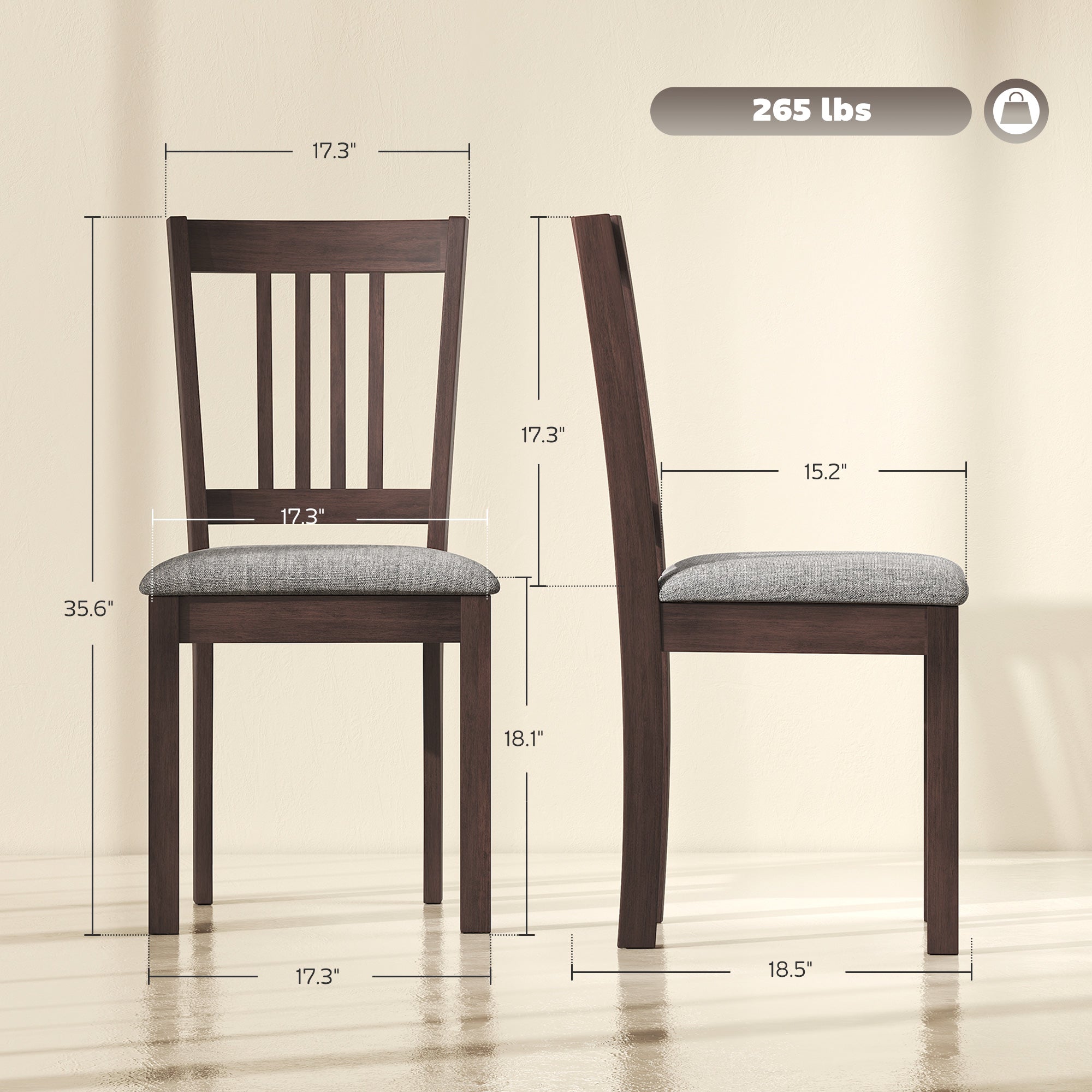 Dining Chairs Set of 2 Linen Upholstered Kitchen Chairs with Rubberwood Legs for Dining Room Living Room Espresso Gray