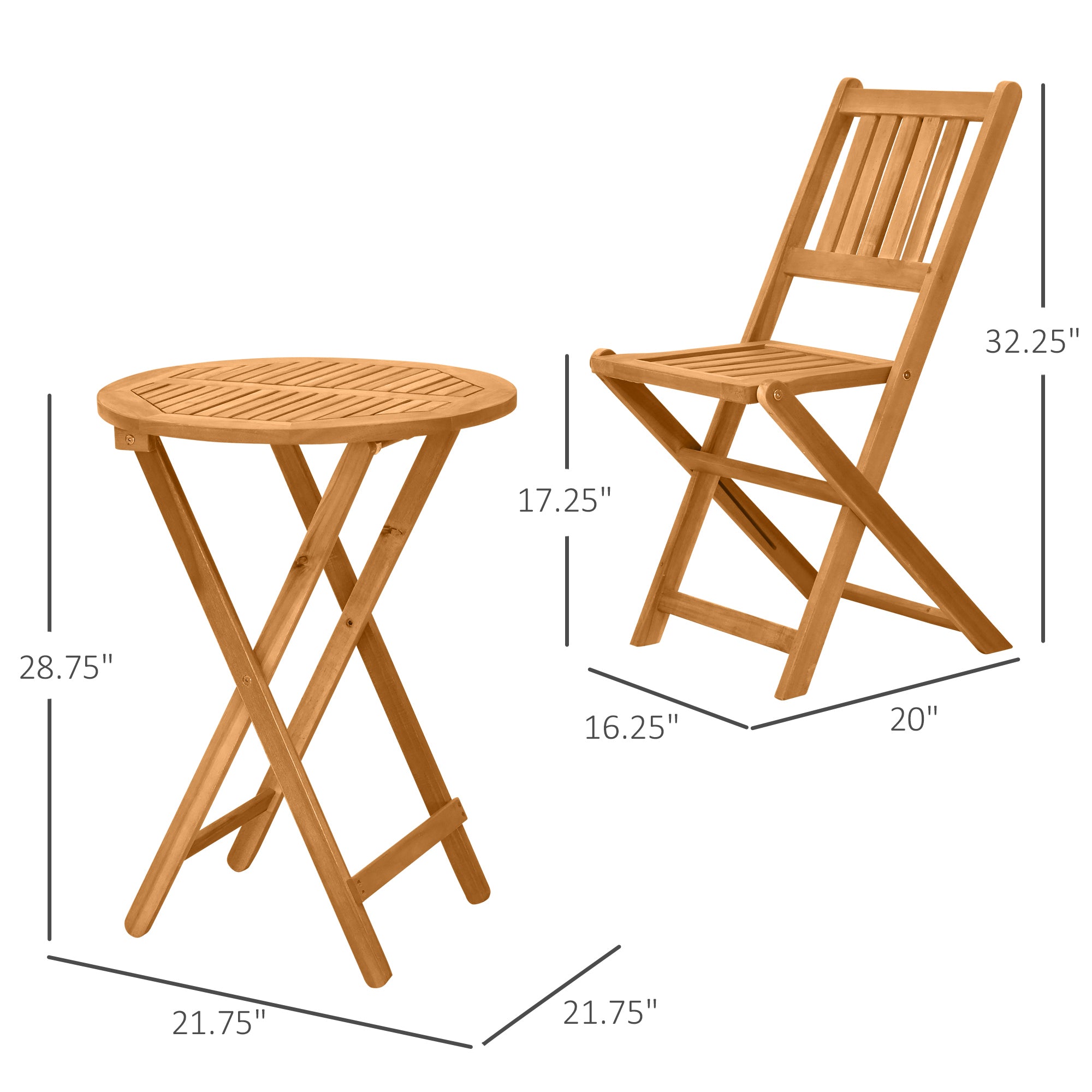3-Piece Acacia Wood Bistro Set, Folding Patio Furniture with 2 Folding Chairs and Round Coffee Table, Teak, Slatted Finish, for Backyard, Balcony, Deck, Natural