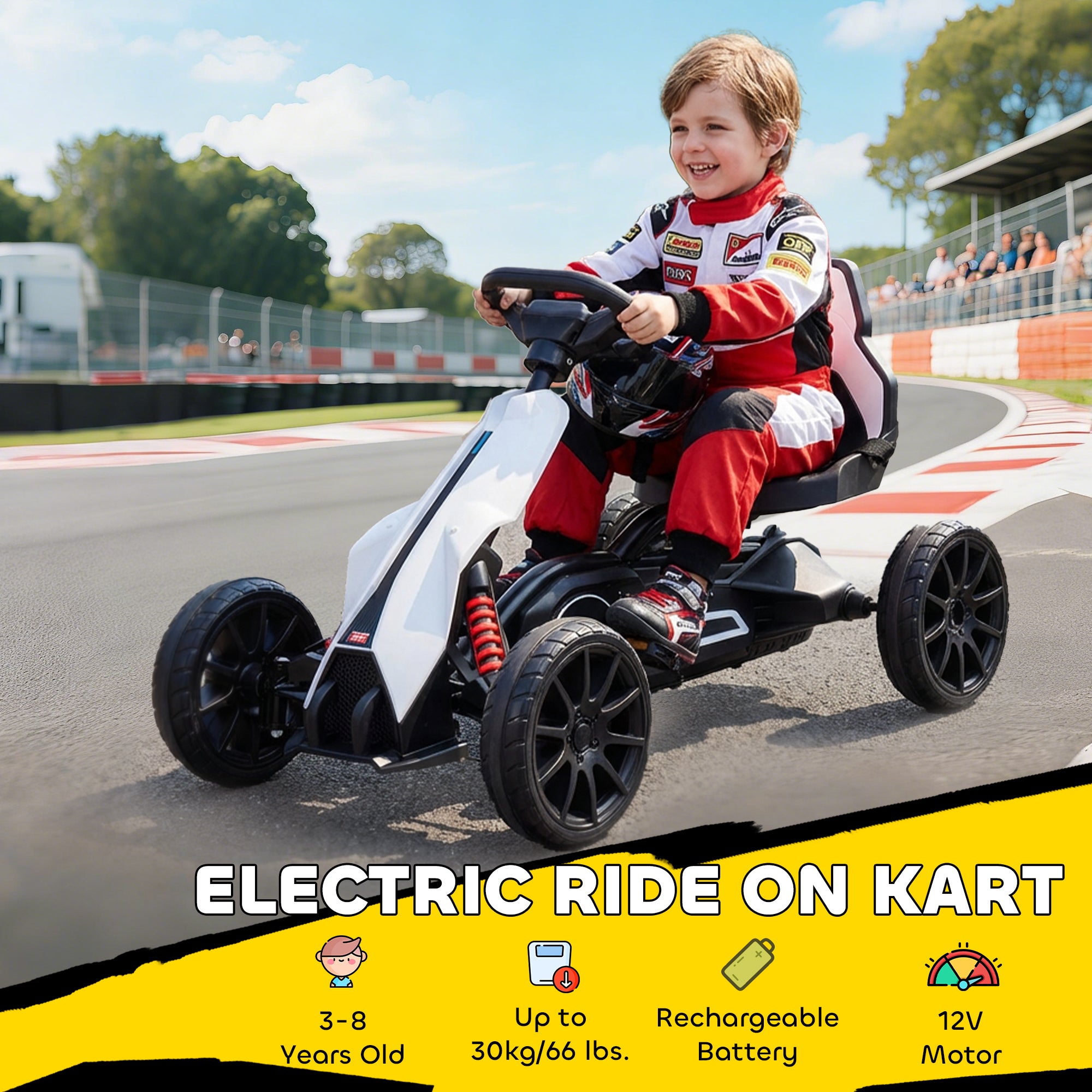 12V Electric Go Kart for Kids, Ride On Toy with EVA Tires, 2 Speeds, Adjustable Seat, Safety Belt for 3-8 Years, White