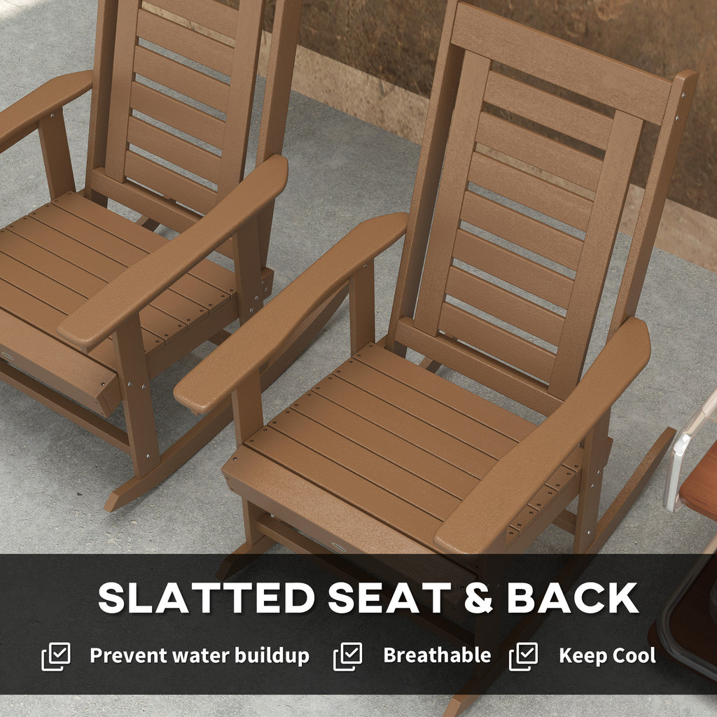 2 Pieces Outdoor Rocking Chairs, HDPE Patio Rockers with 28" High Back, Wide Armrests for Porch Backyard, Brown