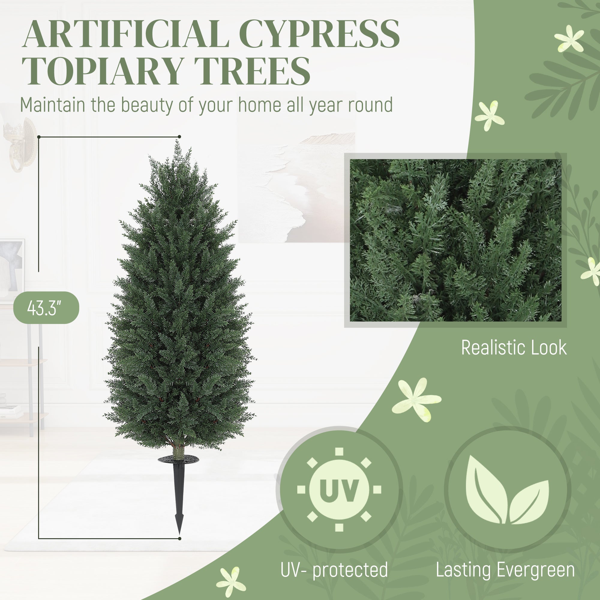 43.3 Inch Set of 2 Artificial Cypress Topiary Tree, Indoor Outdoor UV Resistant Faux Plants with Ground Stake for Garden