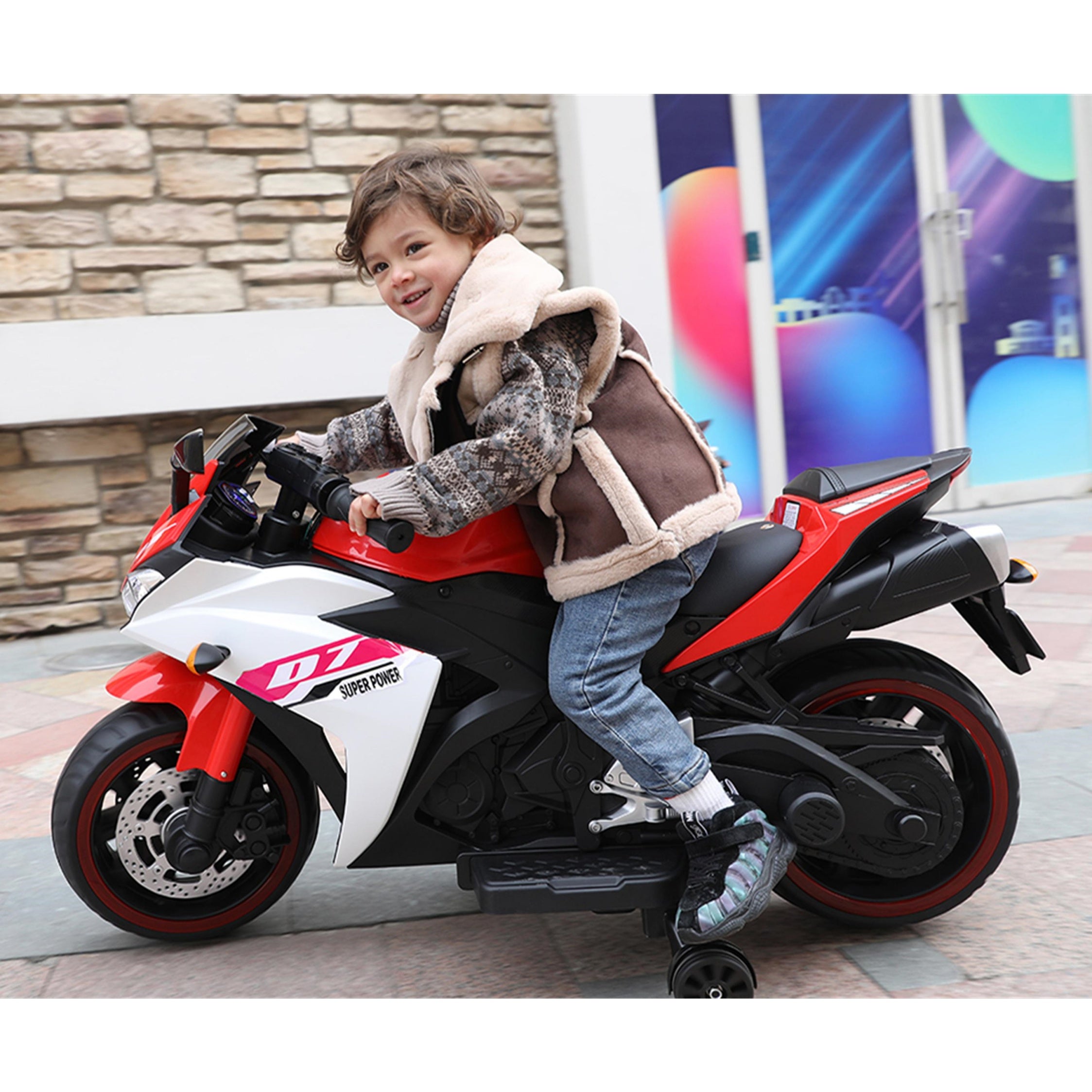 12V Kids Electric Ride-On Motorcycle with Training Wheels and Headlight, Motorbike with MP3 and Light-Up Wheels, 46" L x 20" W x 26" H, Red