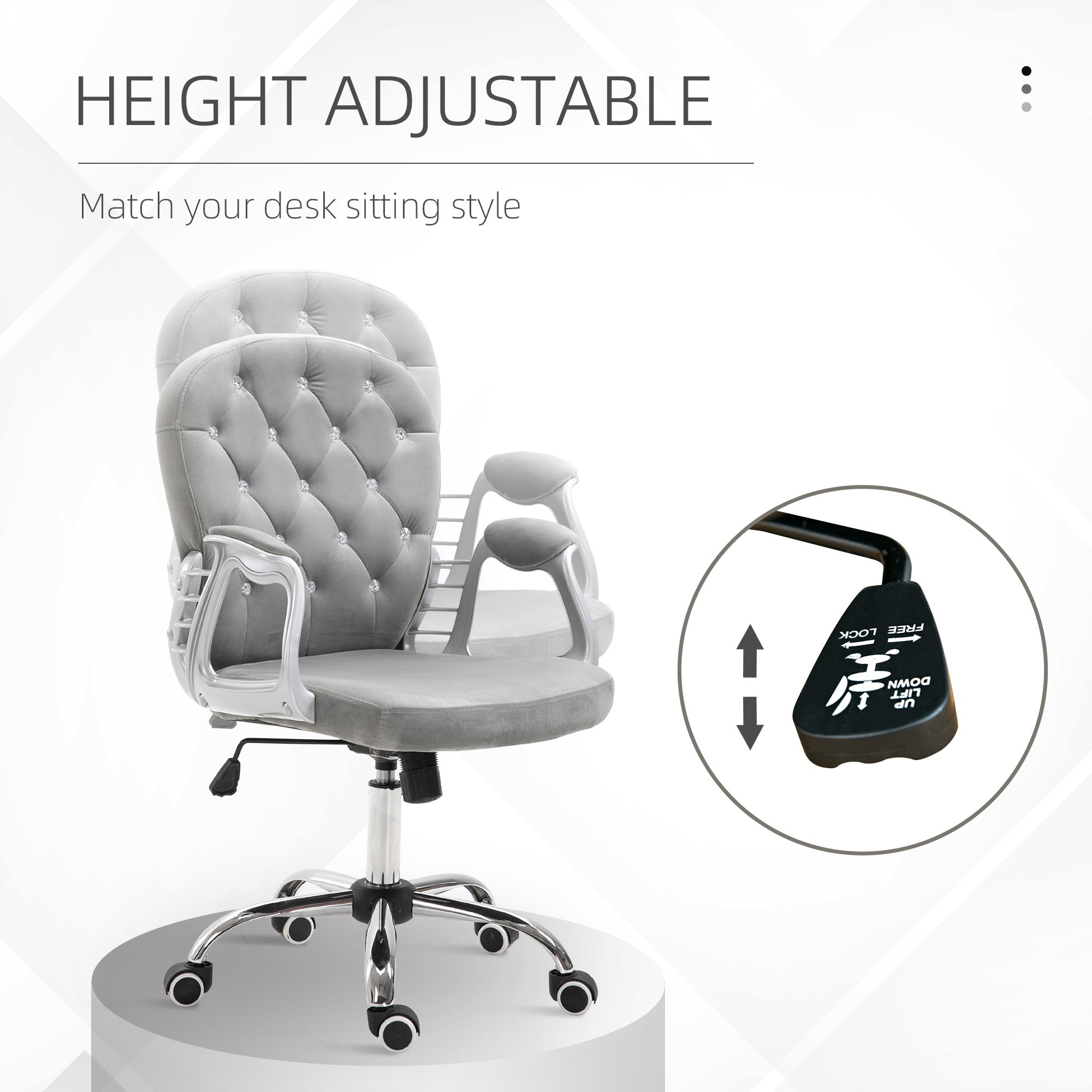 Button Tufted Desk Chair, Home Office Chair with Padded Armrests, Adjustable Height and Swivel Wheels, Gray