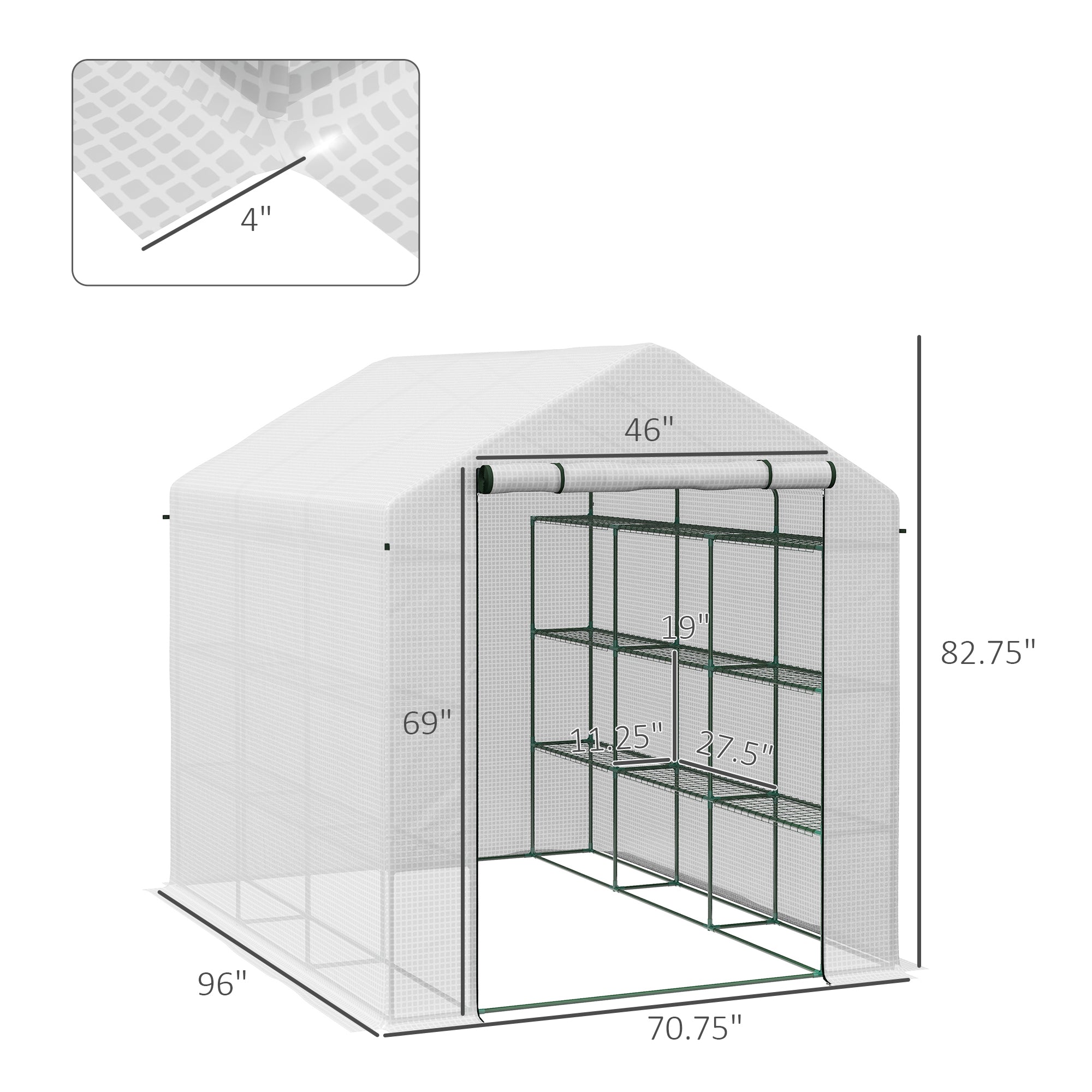 Outdoor Walk-in Greenhouse with Roll-up Zipper Door, 18 Shelves, PE Cover, 95.25" x 70.75" x 82.75", White