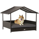 Wicker Dog House Outdoor with Canopy, Rattan Dog Bed with Water-resistant Cushion, Raised Pet Bed for Small, Medium Breeds up to 66 lbs, 20" in Length, Brown Wicker, Gray Cushion