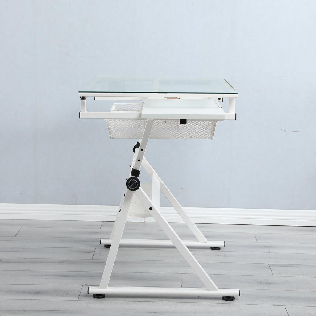 Adjustable Tempered Glass Drafting Table with 2 Metal Drawers, Chair, Powder-Coated Steel Frame Desk for Kids, 40" L x 23.5" W x 27.5" H, White