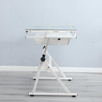 Adjustable Tempered Glass Drafting Table with 2 Metal Drawers, Chair, Powder-Coated Steel Frame Desk for Kids, 40" L x 23.5" W x 27.5" H, White