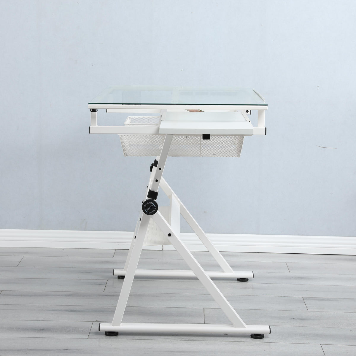 Adjustable Tempered Glass Drafting Table with 2 Metal Drawers, Chair, Powder-Coated Steel Frame Desk for Kids, 40" L x 23.5" W x 27.5" H, White