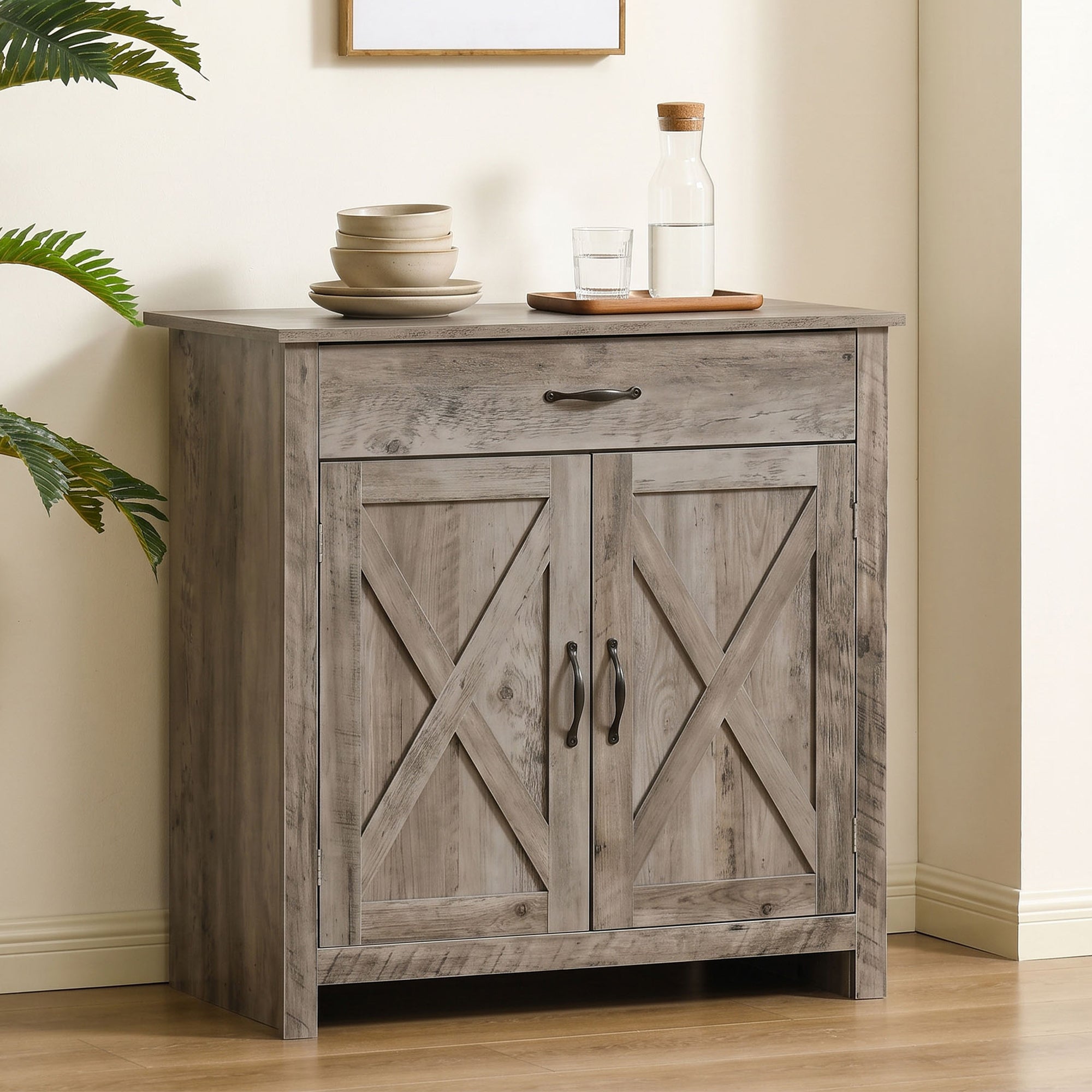 Farmhouse Sideboard Buffet Cabinet, Barn Door Coffee Bar Cabinet with Drawer and Adjustable Shelf for Kitchen, Living Room, Entryway, Gray