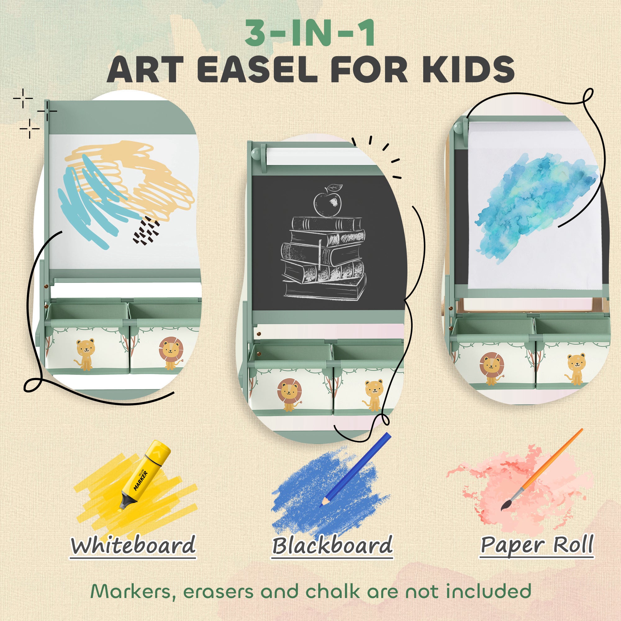 Art Easel for Kids, Double-Sided Whiteboard & Chalkboard with Paper Roll, Storage Baskets for Toddlers Ages 3-8, Green