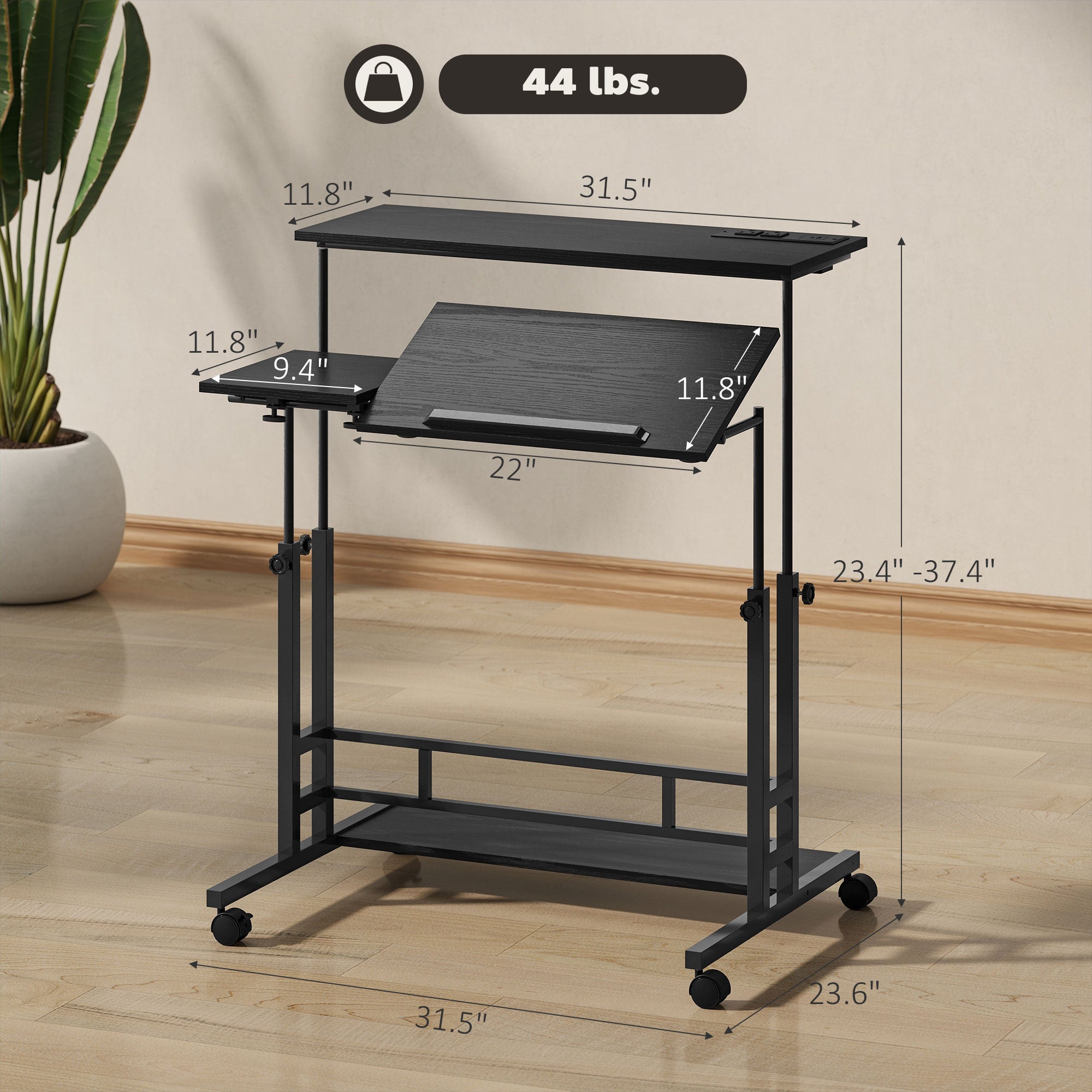 Adjustable Standing Desk with Power Outlets, Stand Up Desk with Tiltable Tabletop, Wheels, Shelf, for Home Office, Black