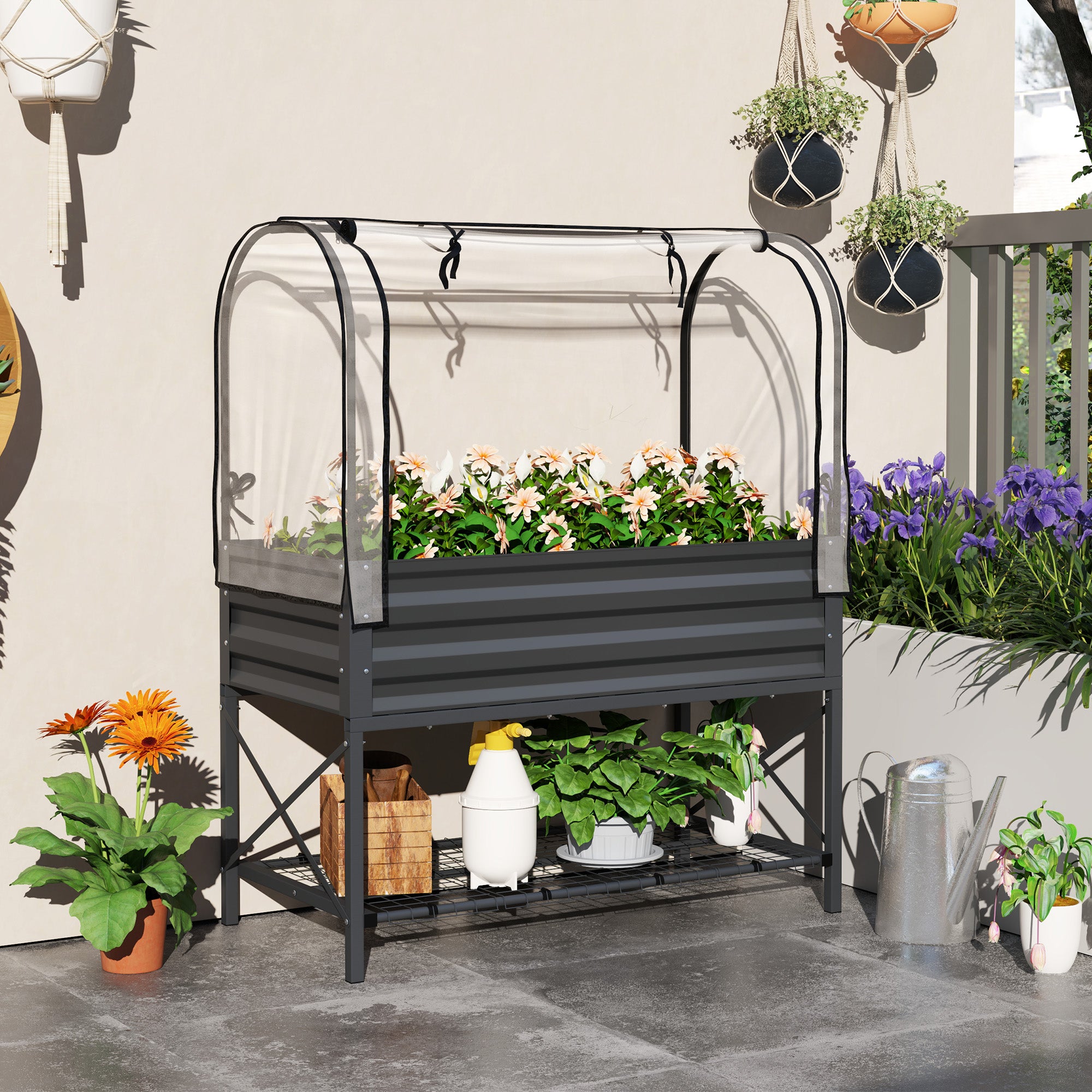 Raised Garden Bed with Legs and Cover, Metal Elevated Planter Box with Bottom Shelf and Liner for Vegetables, Dark Gray
