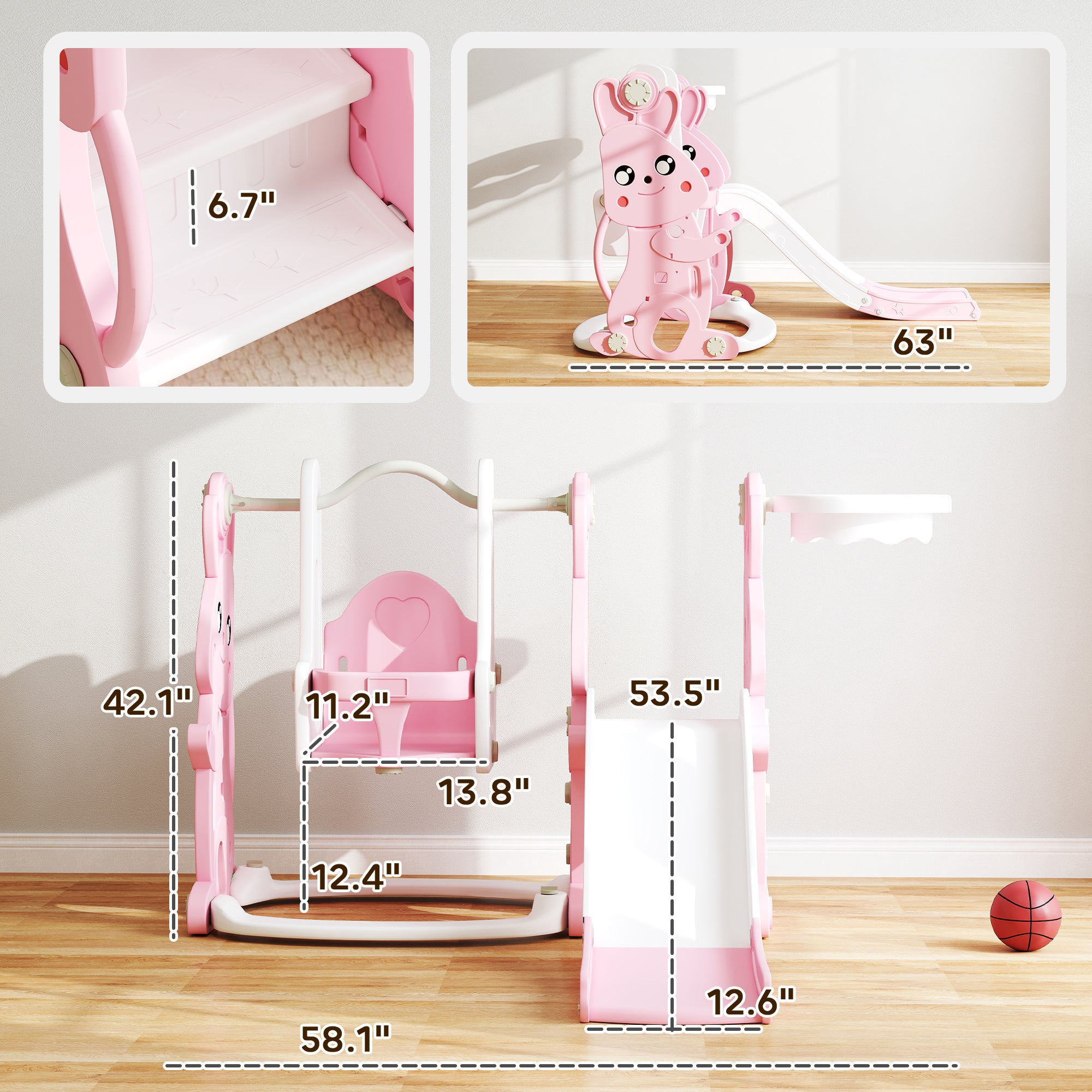4 in 1 Toddler Slide and Swing Set with Climber, Basketball Hoop, Rabbit Themed Kids Playset for Ages 1.5-4, Pink