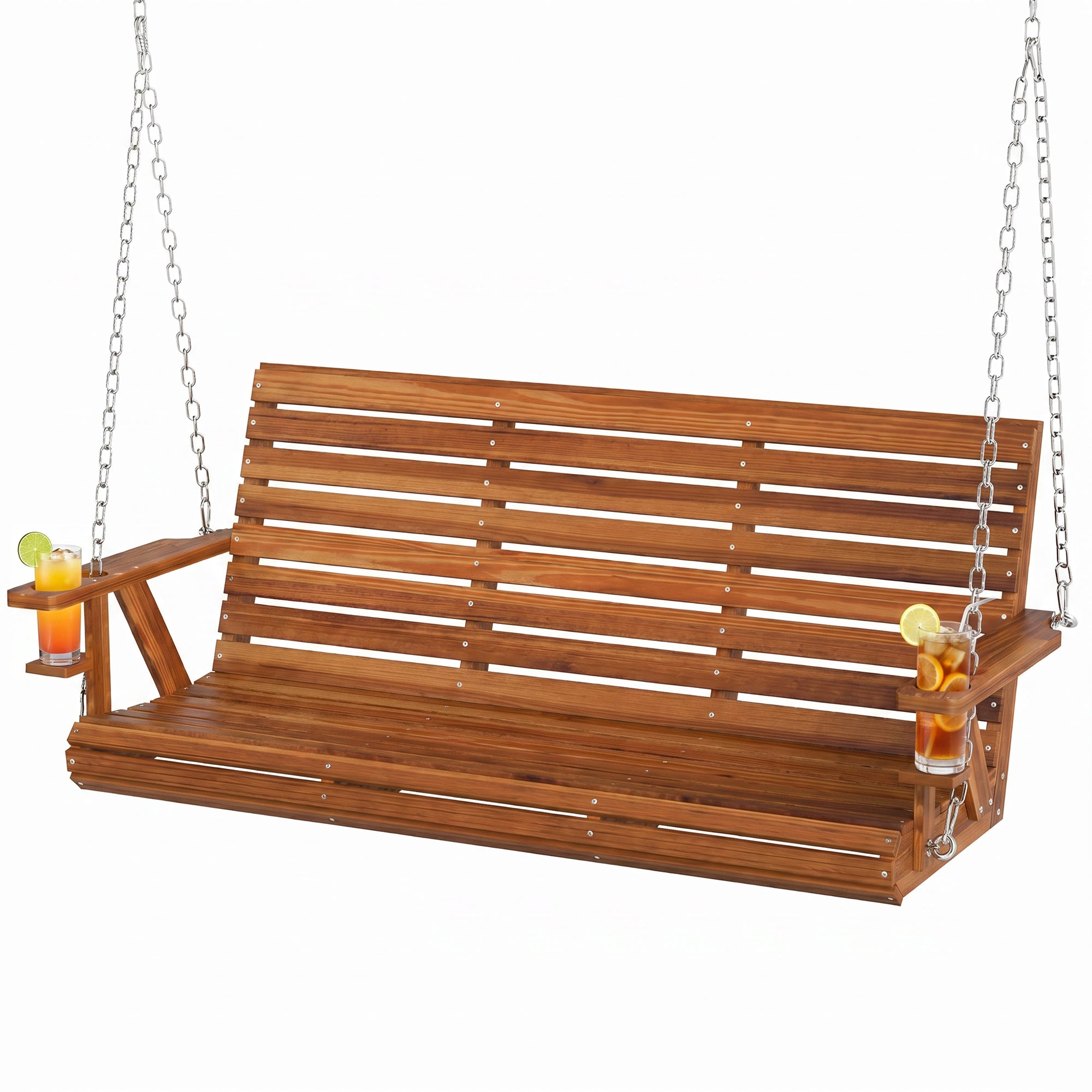 3-Seater Swing Bench, Wooden Porch Swing with Cupholders, Hanging Chains for Patio Garden, Carbonized