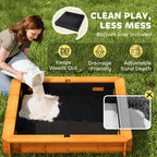 Wooden Kids Sandbox with Cover, Children Outdoor Sand Box with Foldable Bench Seats and Adjustable Canopy, Brown