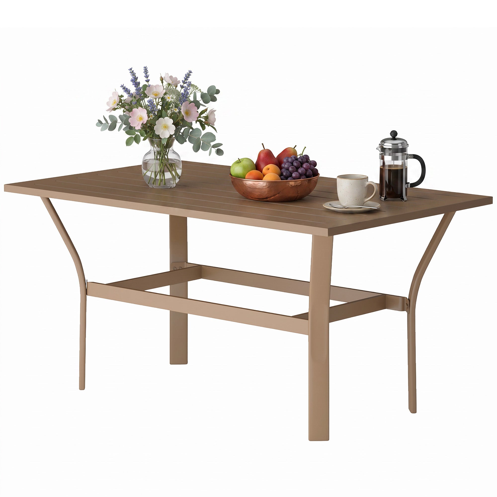 Outdoor Coffee Table with Slatted Tabletop, All-Weather Rectangle Metal Patio Coffee Table for Garden, Brown
