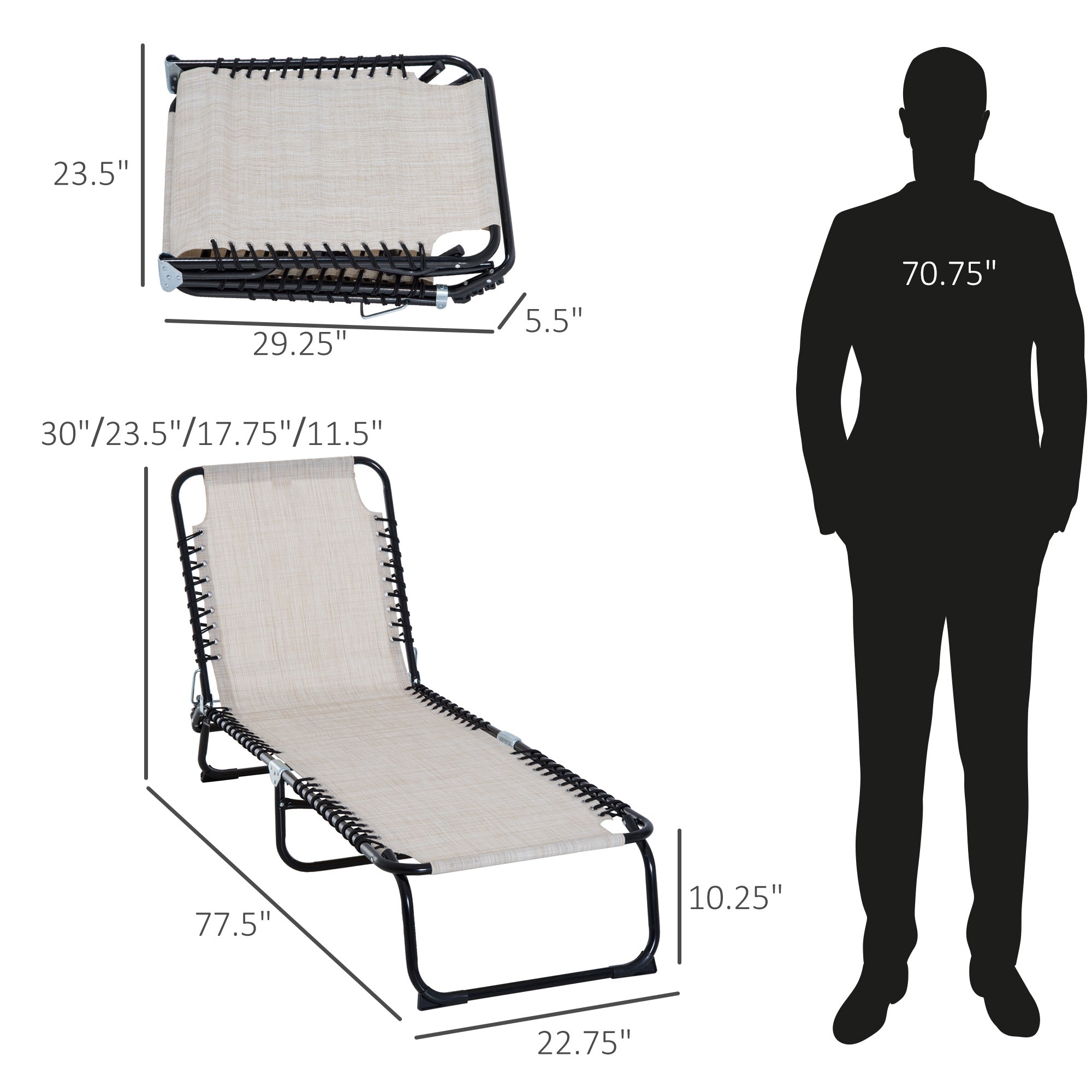 Set of 2 Folding Chaise Lounge Chairs, Outdoor Sun Tanning Chairs with Reclining Back, Cream White
