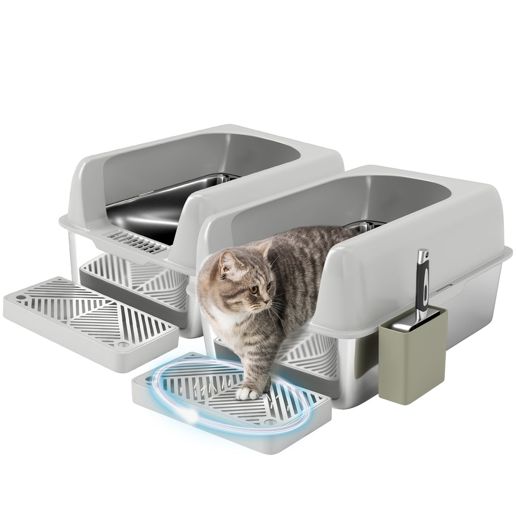 2 Pack High Sided Stainless Steel Litter Box with Metal Scoop & Scoop Holder, for Anti-Urine Leakage, Light Gray
