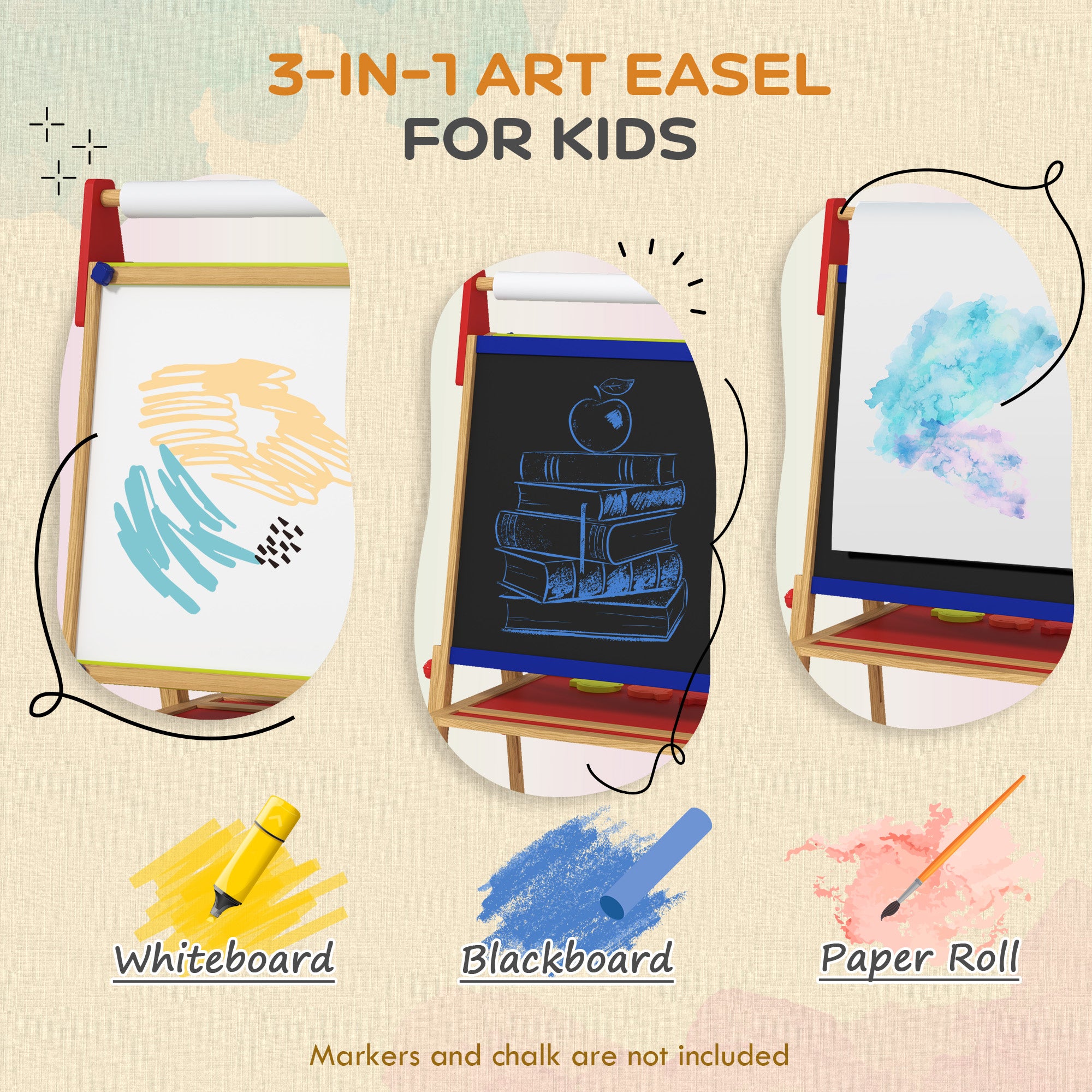 3 in 1 Easel for Kids with Paper Roll, Whiteboard, Chalkboard, Double Sided & Adjustable Height, Nature Wood