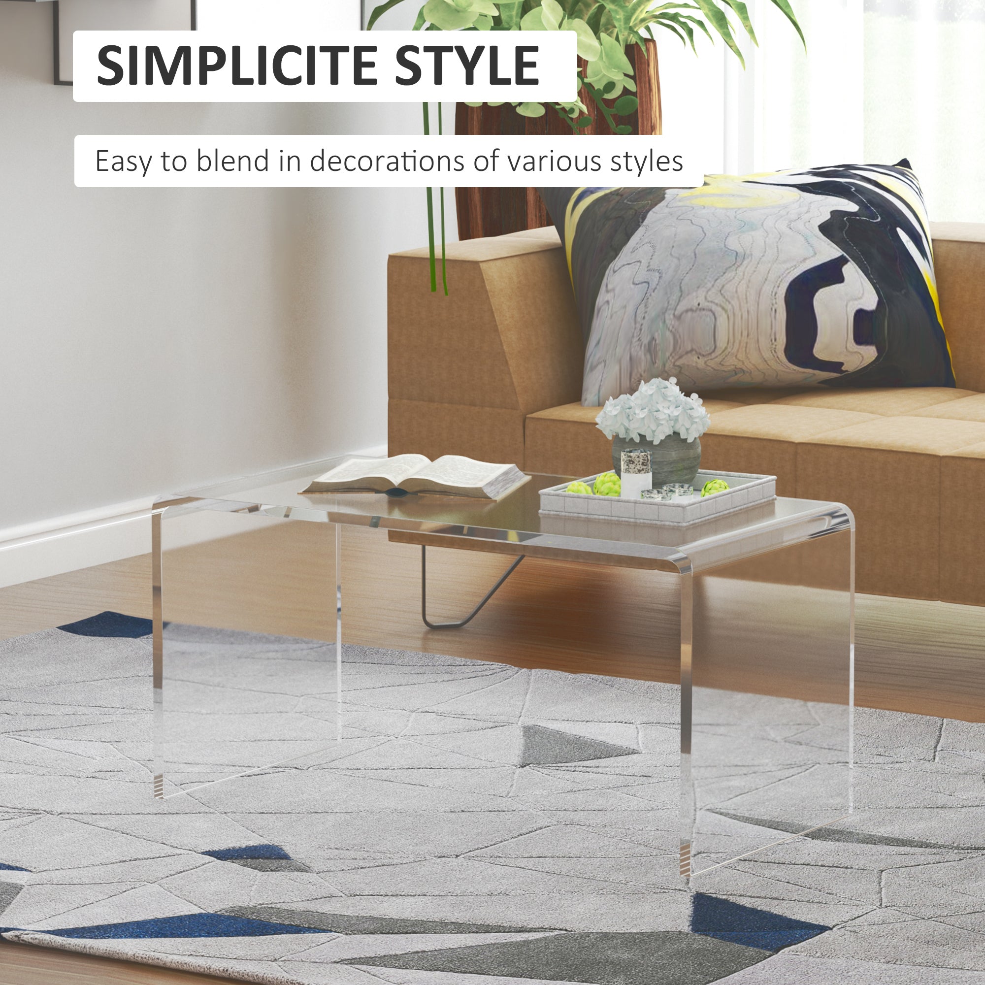 32" Acrylic Coffee Table, 0.6" Thick Rectangle Waterfall Center Table for Living Room, Modern, No Assembly Required, Clear