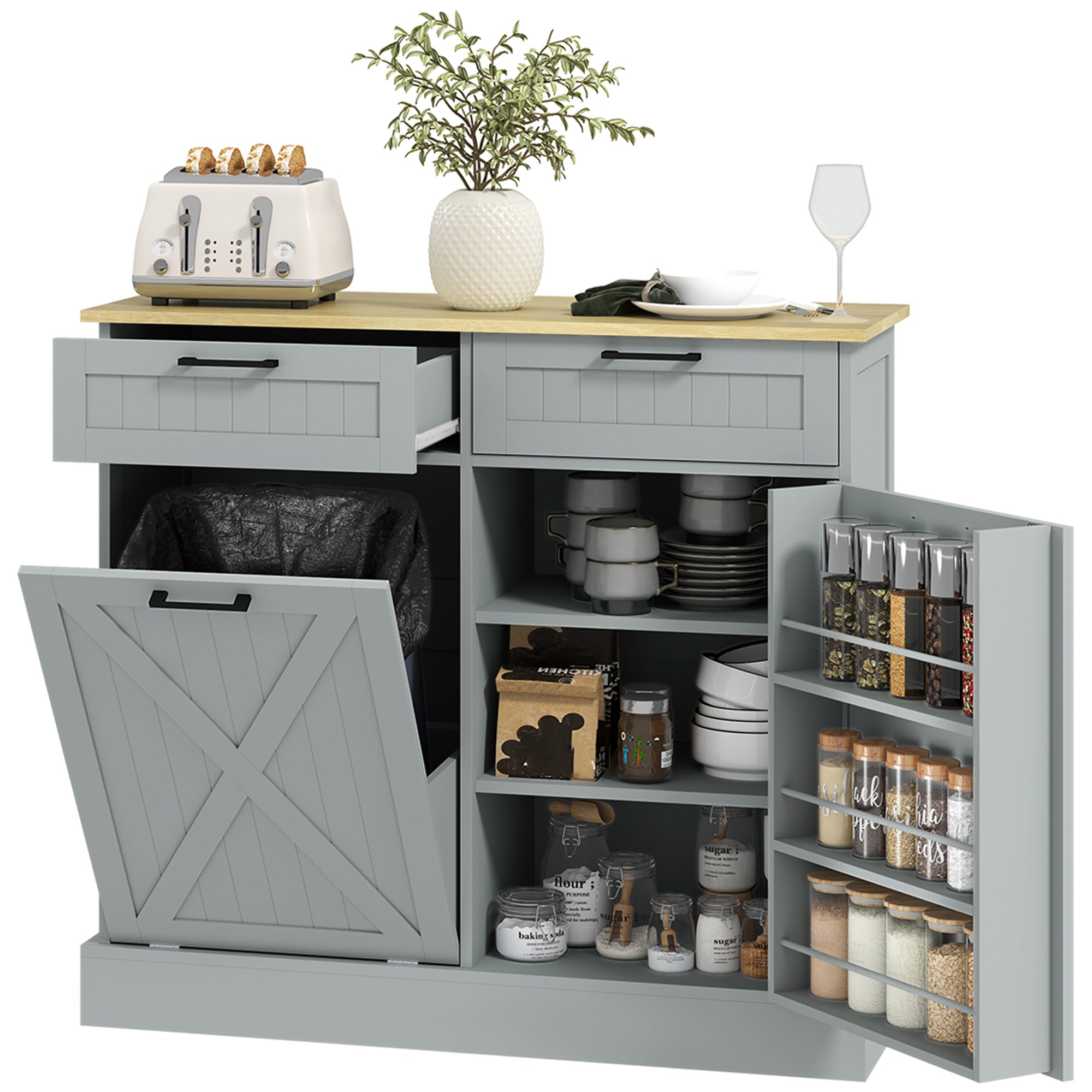 10 Gallon Farmhouse Kitchen Cabinet with Hidden Trash Can and 2 Drawers, Tilt Out Trash Can Cabinet for Kitchen, Gray