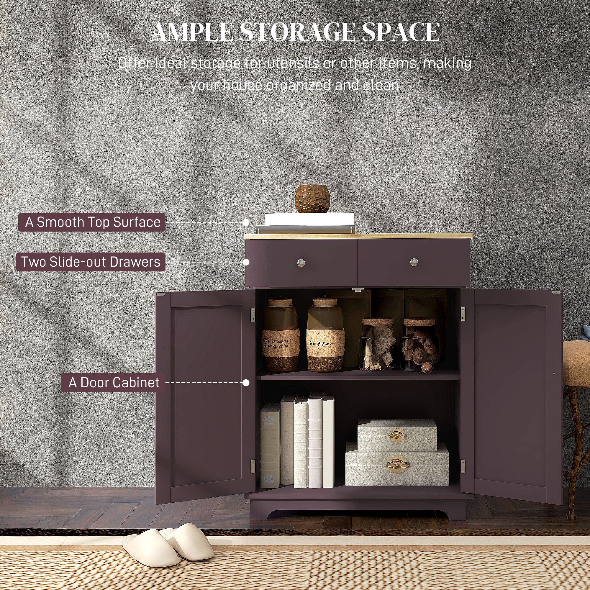 Kitchen Storage Cabinet, Sideboard Floor Cupboard with Solid Wood Top, Adjustable Shelf, and 2 Drawers, Coffee