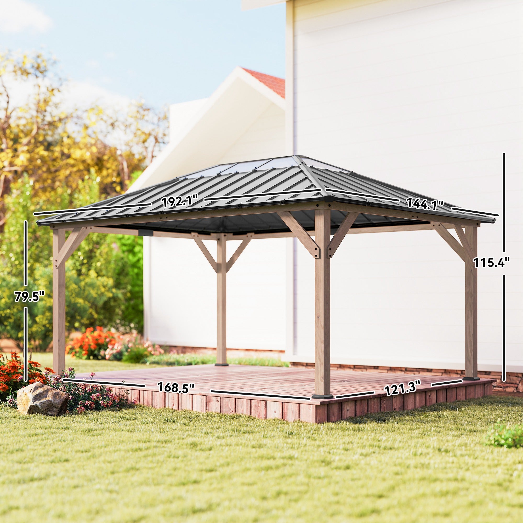 12' x 16' Hardtop Gazebo with Galvanized Steel Roof, UPF50+ Wood Permanent Pavilion with Clear Roof Top, Light Walnut