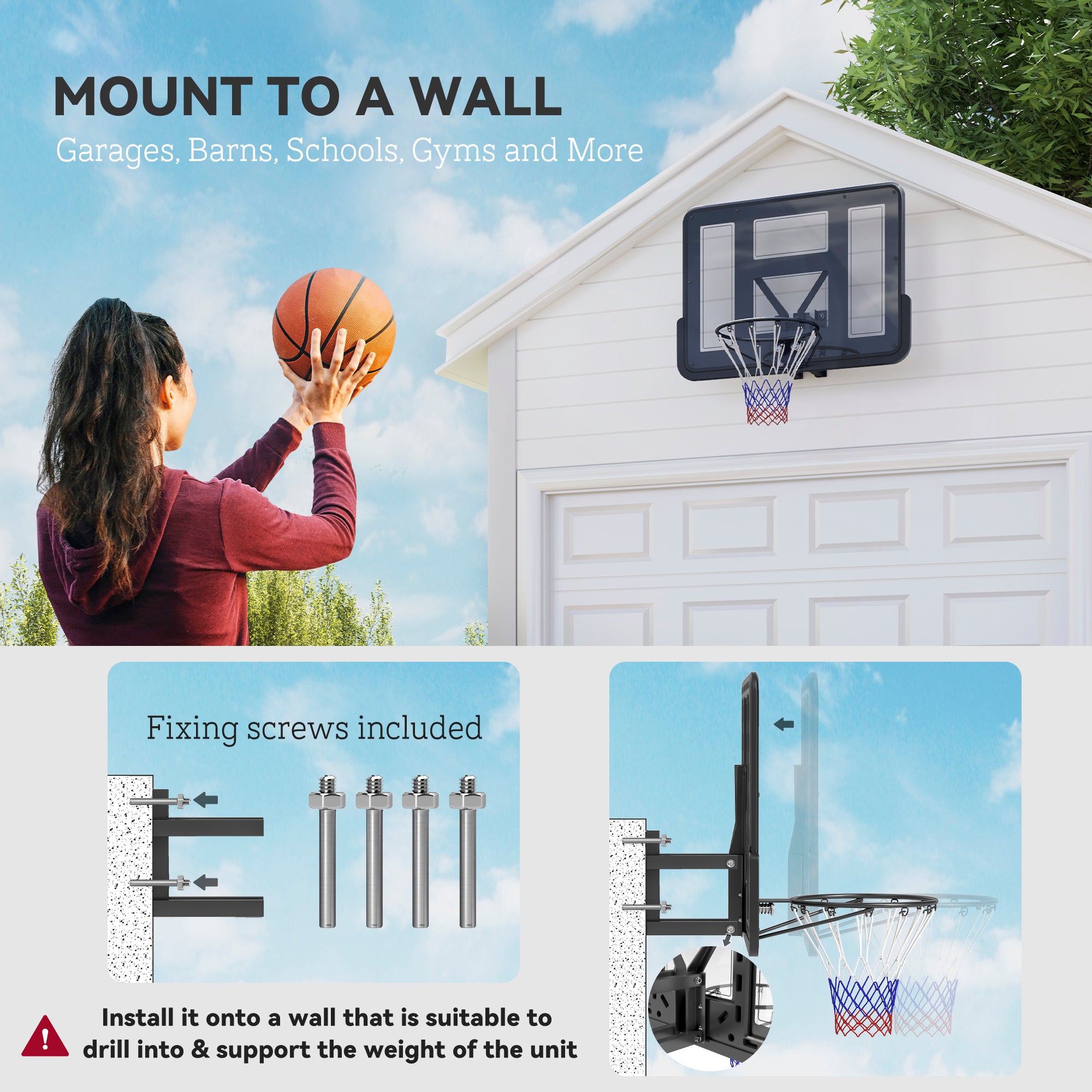 Wall Mounted Basketball Hoop, Basketball Goal Combo Kit with 43" Reinforced Shatter Resistant Backboard and All Weather Net for Indoor or Outdoor Use