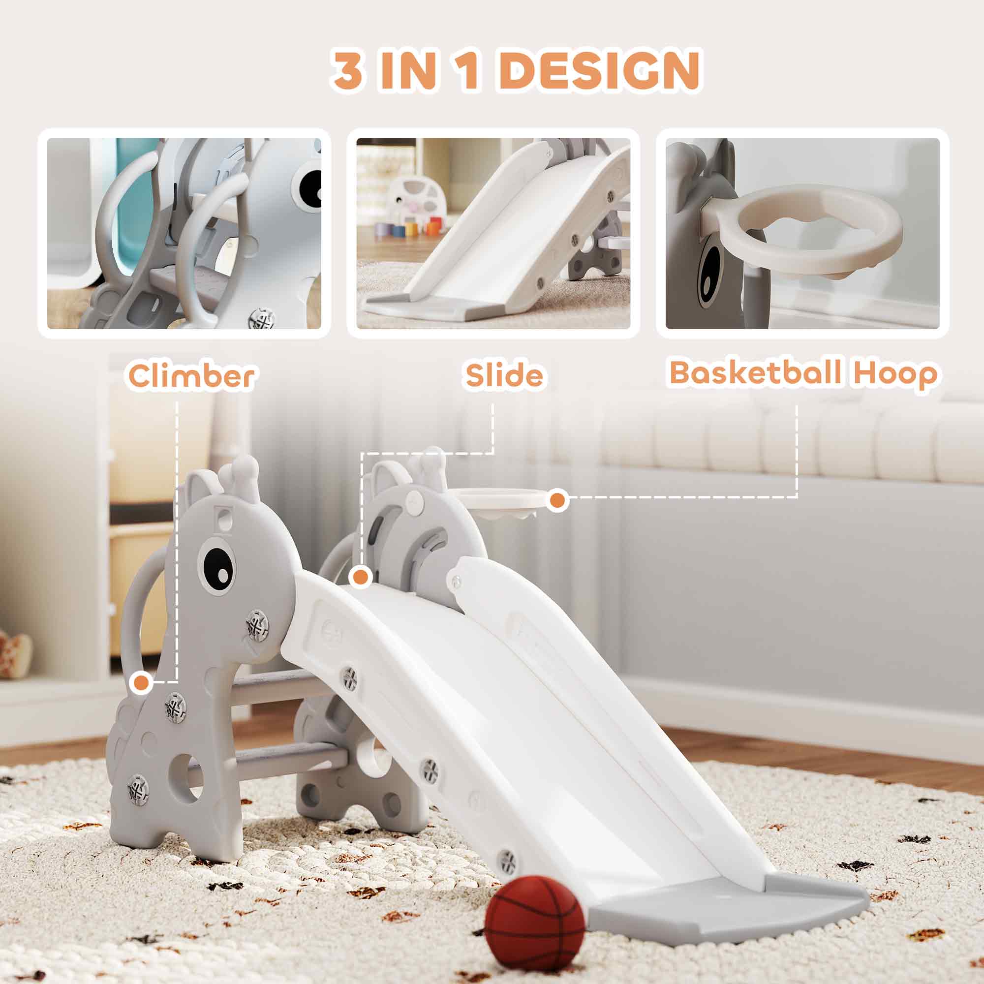3-in-1 Toddler Slide for Age 1-3, Freestanding Kids Slide with Climber, Basketball Hoop and Ball, Giraffe Design, Gray