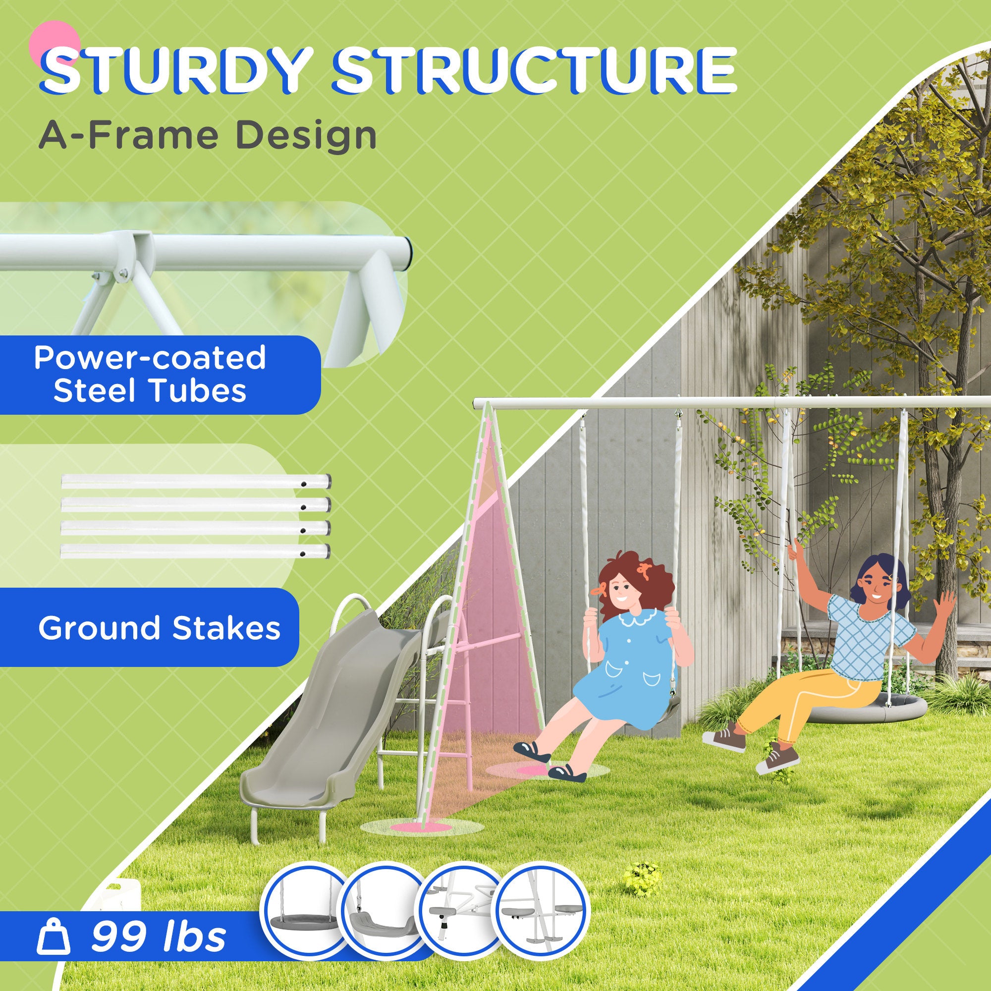 5 in 1 Kids Swing Set for Backyard with Heavy-Duty A-Frame Stand, Saucer Swing, Slide, Seesaw, Glider, Swing Seat, Gray