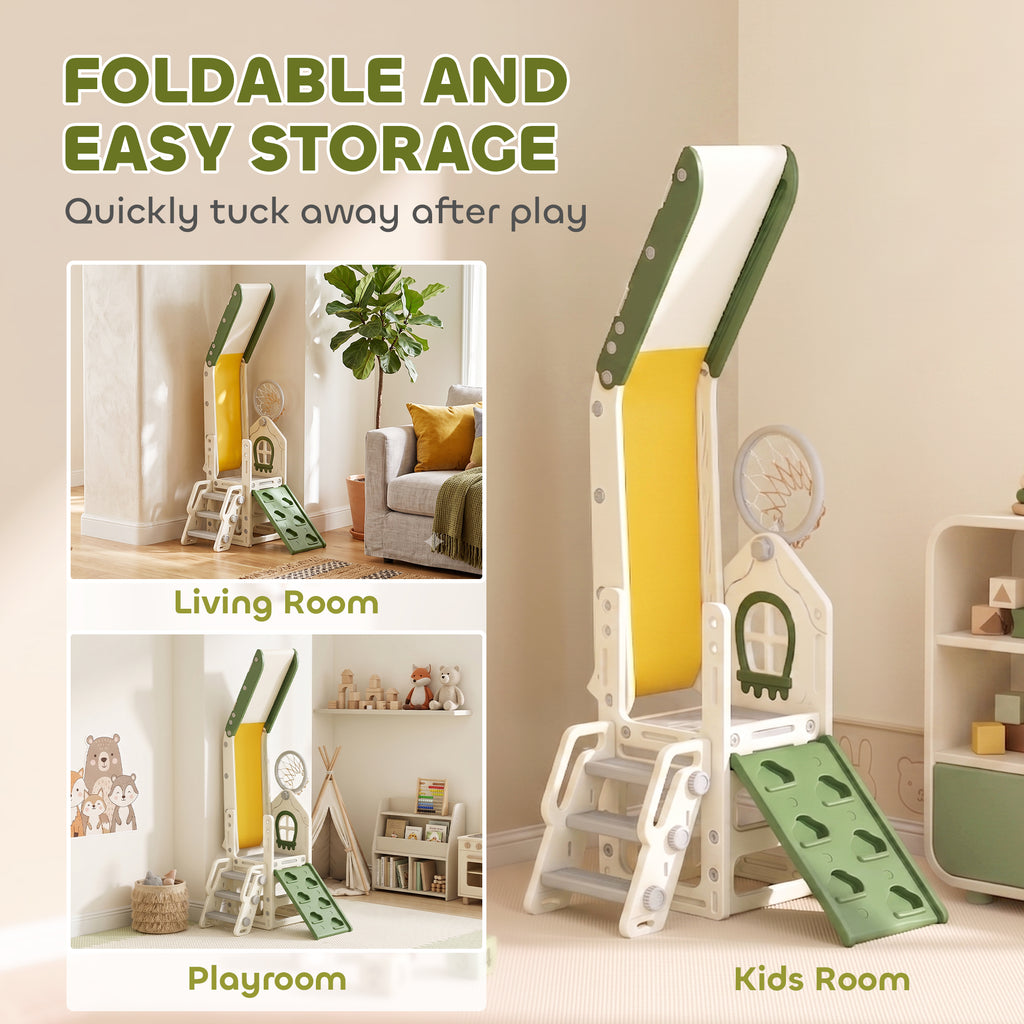 Foldable 5 in 1 Toddler Slide with Ladder, Climbing Wall, Basketball Hoop, Storage and Basketball for 1-3 Years, Cream